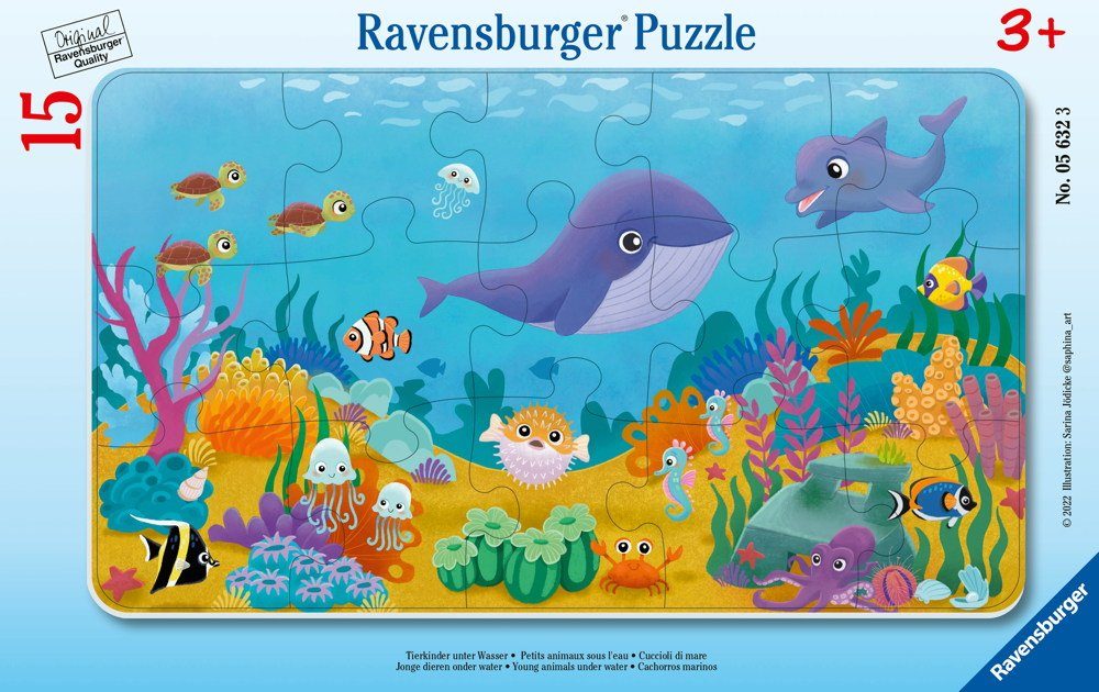 Ravensburger Puzzle 15 Teile Rahmen Puzzle Tierkinder unter Wasser 05632, 15 Puzzleteile