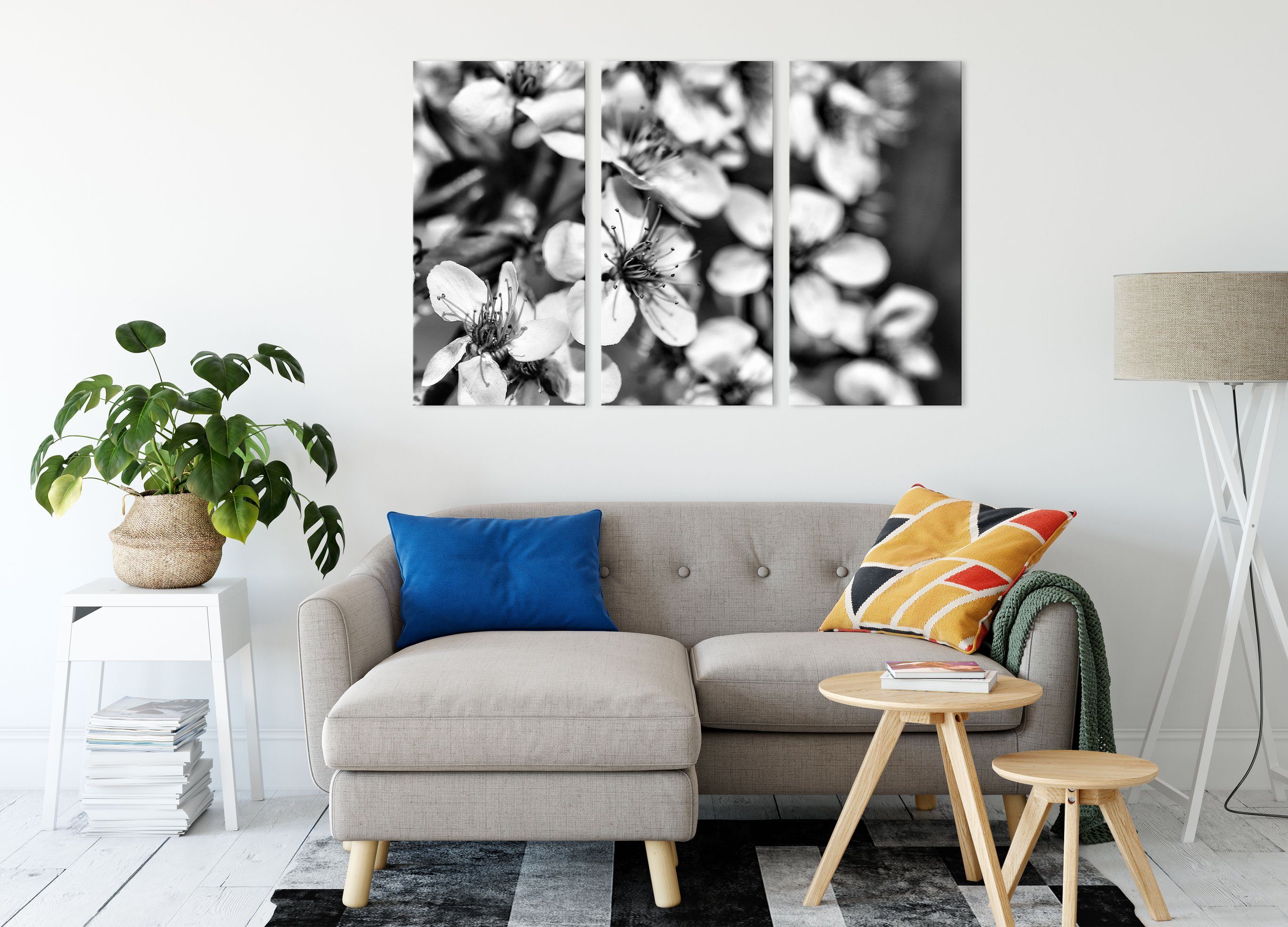 3Teiler Kirschblüten Zackenaufhänger Leinwandbild bespannt, fertig Leinwandbild inkl. Retro St), (120x80cm) (1 Kirschblüten Pixxprint Retro,