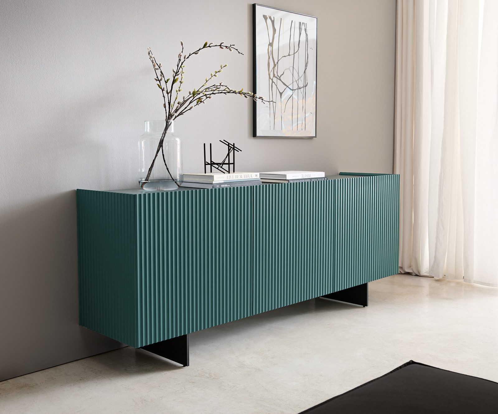 DELIFE Sideboard Kelani, 180 cm Petrol 3 Türen Fuß schwebend Metall Schwarz
