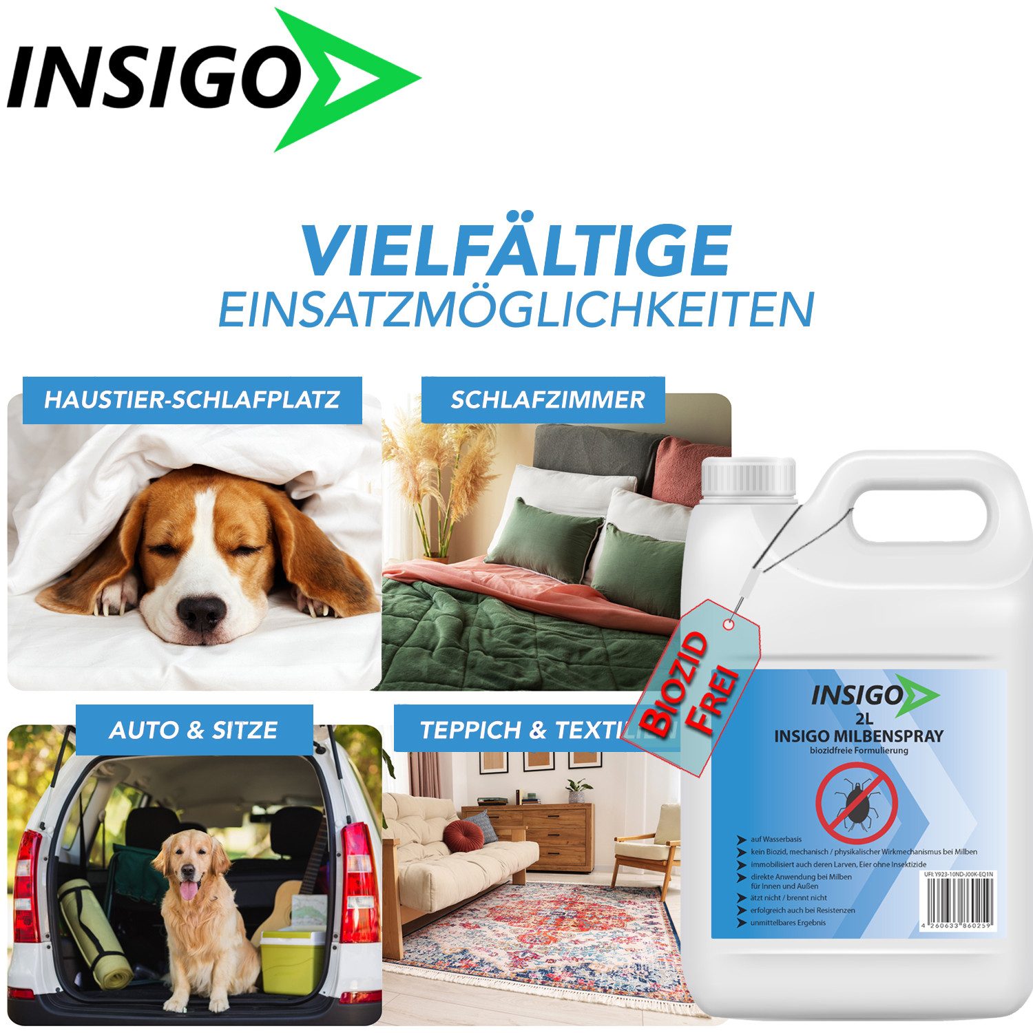 INSIGO Insektenspray Anti Milben-Spray Milben-Mittel Ungezieferspray, 3 l, biozidfreie Formel, auf Wasserbasis, geruchsarm, brennt / ätzt nicht