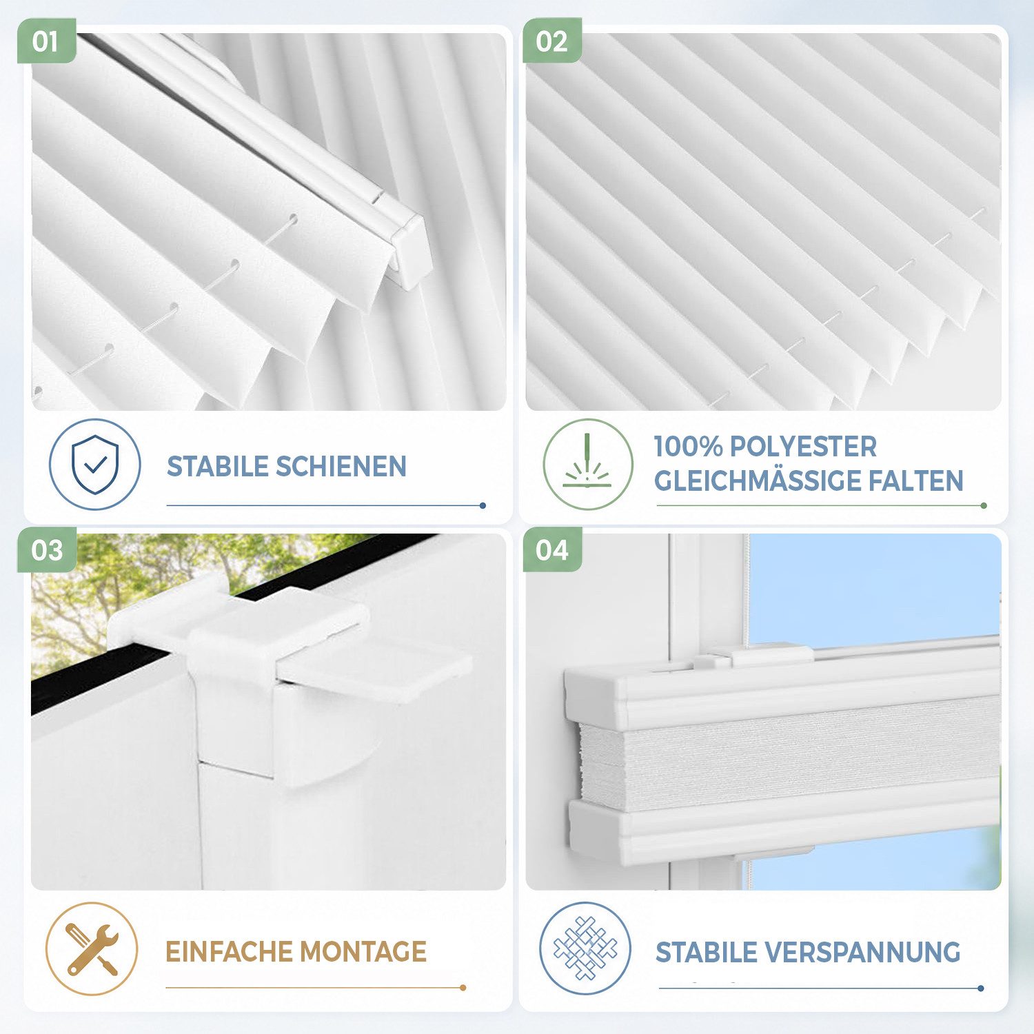 Vkele Plissee ohne Bohren Easy Fix Klemm Faltrollo, verspannt Fenster Rollo, Klemmfix,Klemmträger, Jalousie für Tür & Fenster Sichtschutz Sonnenschutz