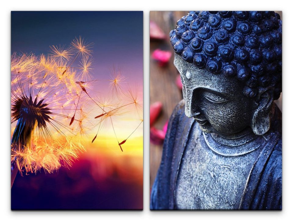 Sinus Art Leinwandbild 2 Bilder je 60x90cm Pusteblume Buddhakopf  Sonnenuntergang Meditation Yoga Stille Beruhigend