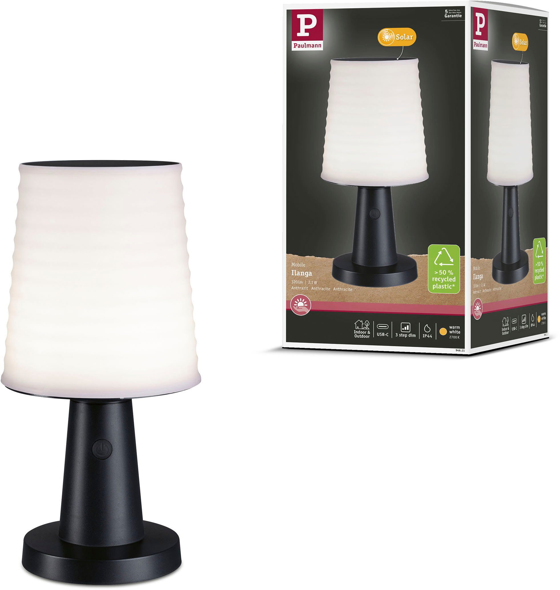 Paulmann LED Tischleuchte Solar LED Tischleuchte Ilanga IP44 2700K 125lm Anthrazit, LED fest integriert, Warmweiß, mehrere Helligkeitsstufen, Dimmer, Ein-/Ausschalter