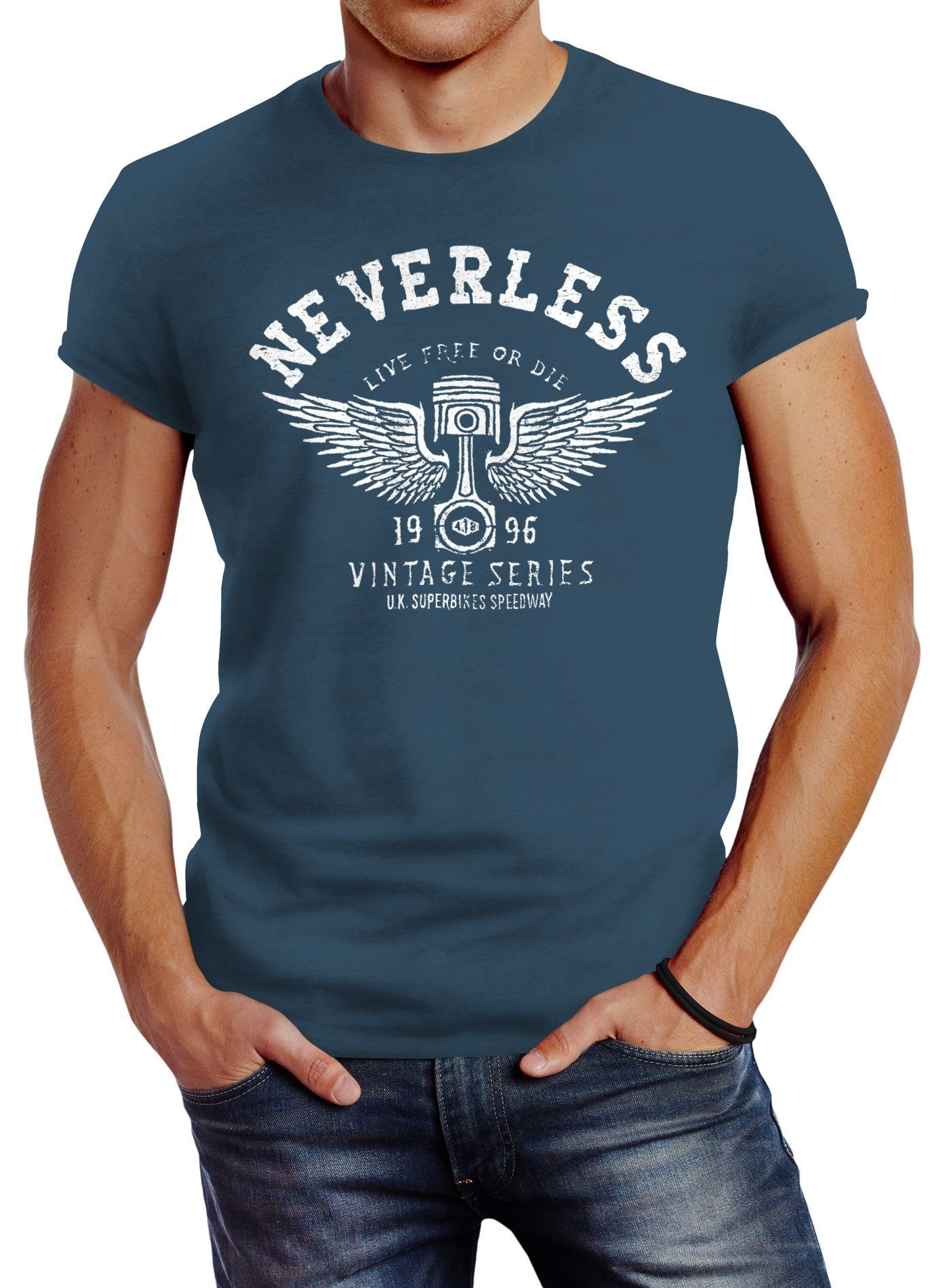 Vorzüglicher Neverless Print-Shirt Print Herren Neverless® Motorrad Engine Flügel mit blau Motorblock Wings T-Shirt Slim Fit Biker