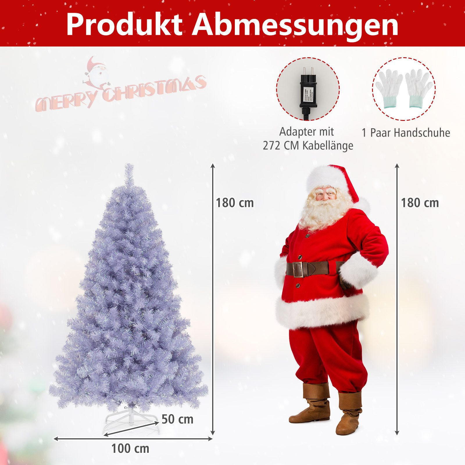 COSTWAY Künstlicher Weihnachtsbaum, 180cm, warmweiße LEDs, 8 Modi, Ständer