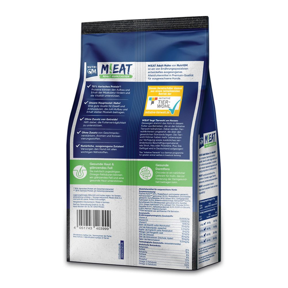 NutriQM M!EAT Adult, getreidefreies Trockenfutter mit ITW-zertifiziertem Huhn, Trockenfutter für: Hunde