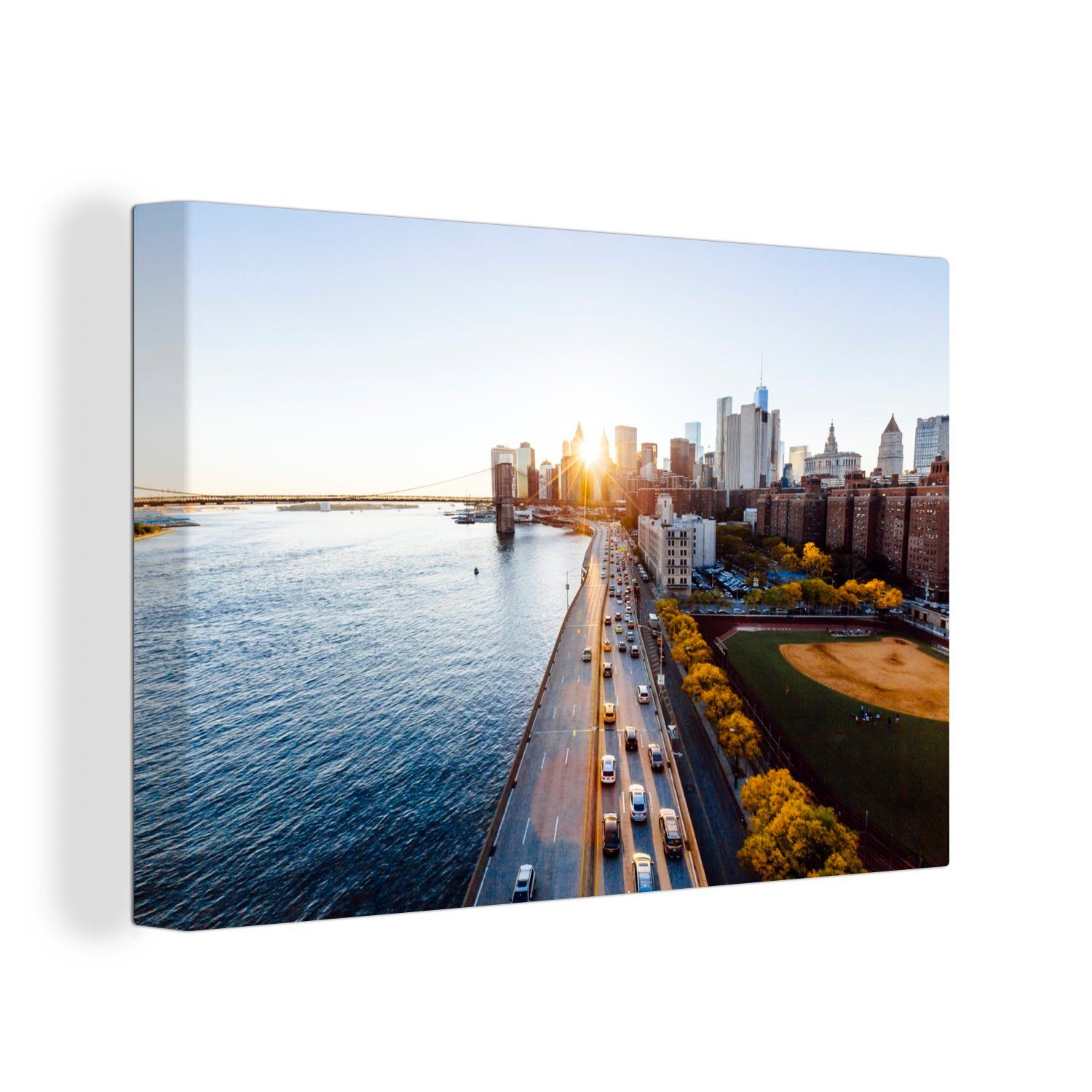 OneMillionCanvasses® Leinwandbild Sonnenaufgang New Aufhängefertig, Leinwandbilder, York, cm St), (1 in Wanddeko, 30x20 Wandbild