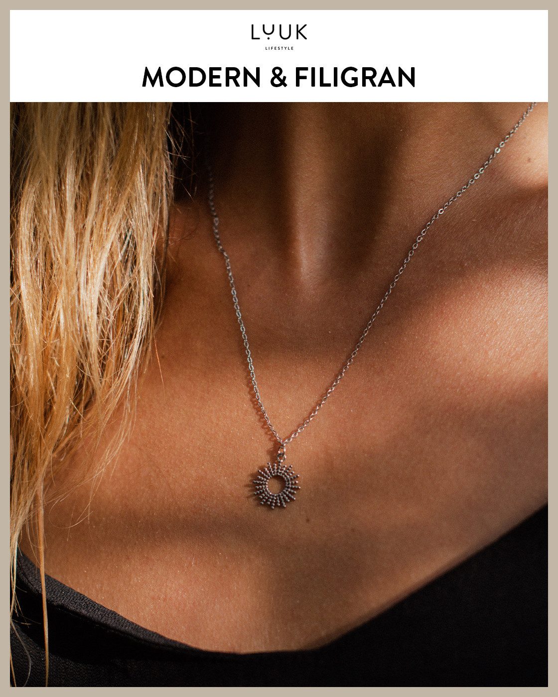 LUUK LIFESTYLE Kette mit Anhänger Sonne, mit HAPPINESS Spruchkarte, wasserfest & hautverträglich