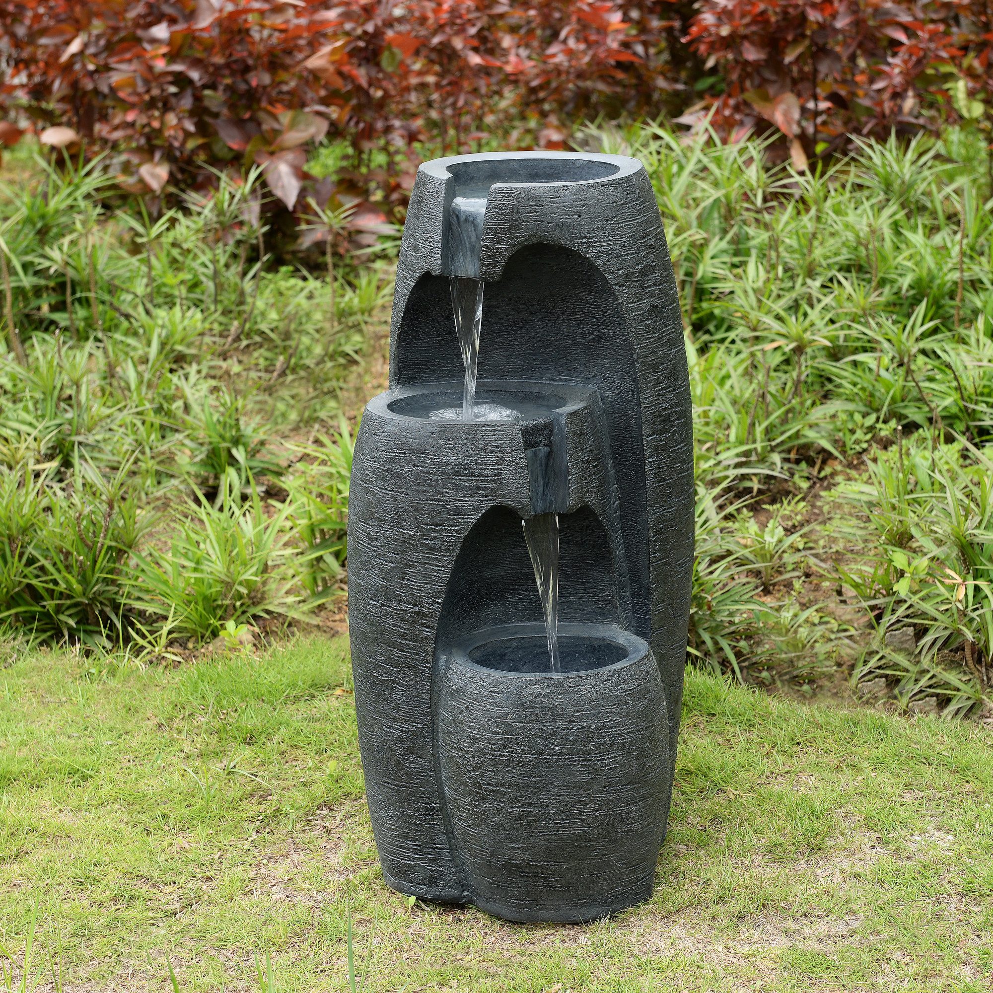 Teamson Home Gartenbrunnen Moderner 3-stufiger Gartenbrunnen mit LED, Schwarz