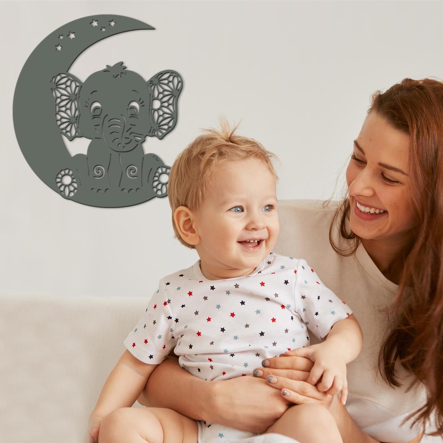 Leuchte Gold LED Nachtlicht Elefanten Motiv Mond auf Wanddekoobjekt Kinderzimmer LED Zugschalter, integriert, Elefant Schlaflicht Ohne - Namofactur Warmweiß, für Kleinkinder, batteriebetrieben mit fest