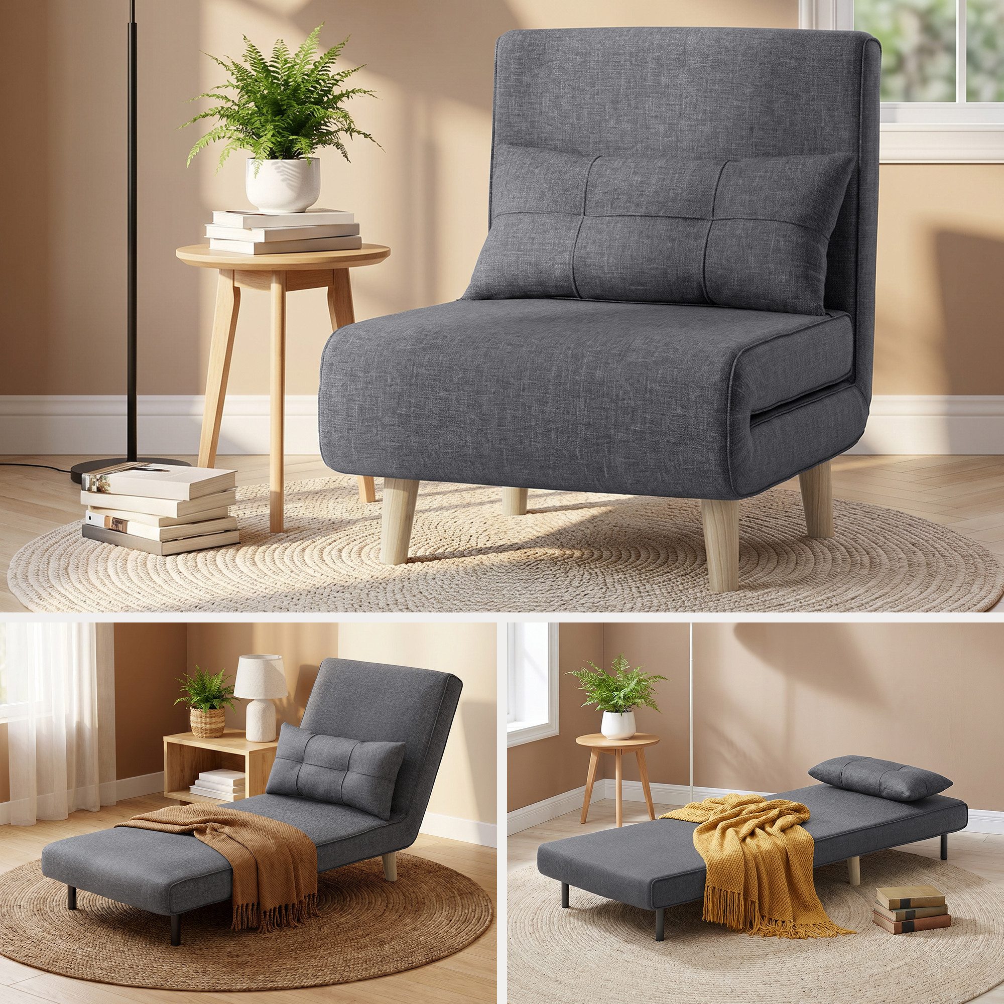 Blishom Relaxsessel Schlafsessel 3 in 1, Klappsessel mit verstellbarer Rückenlehne, Einzel Schlafsofa mit Kissen, platzsparende Gästeliege