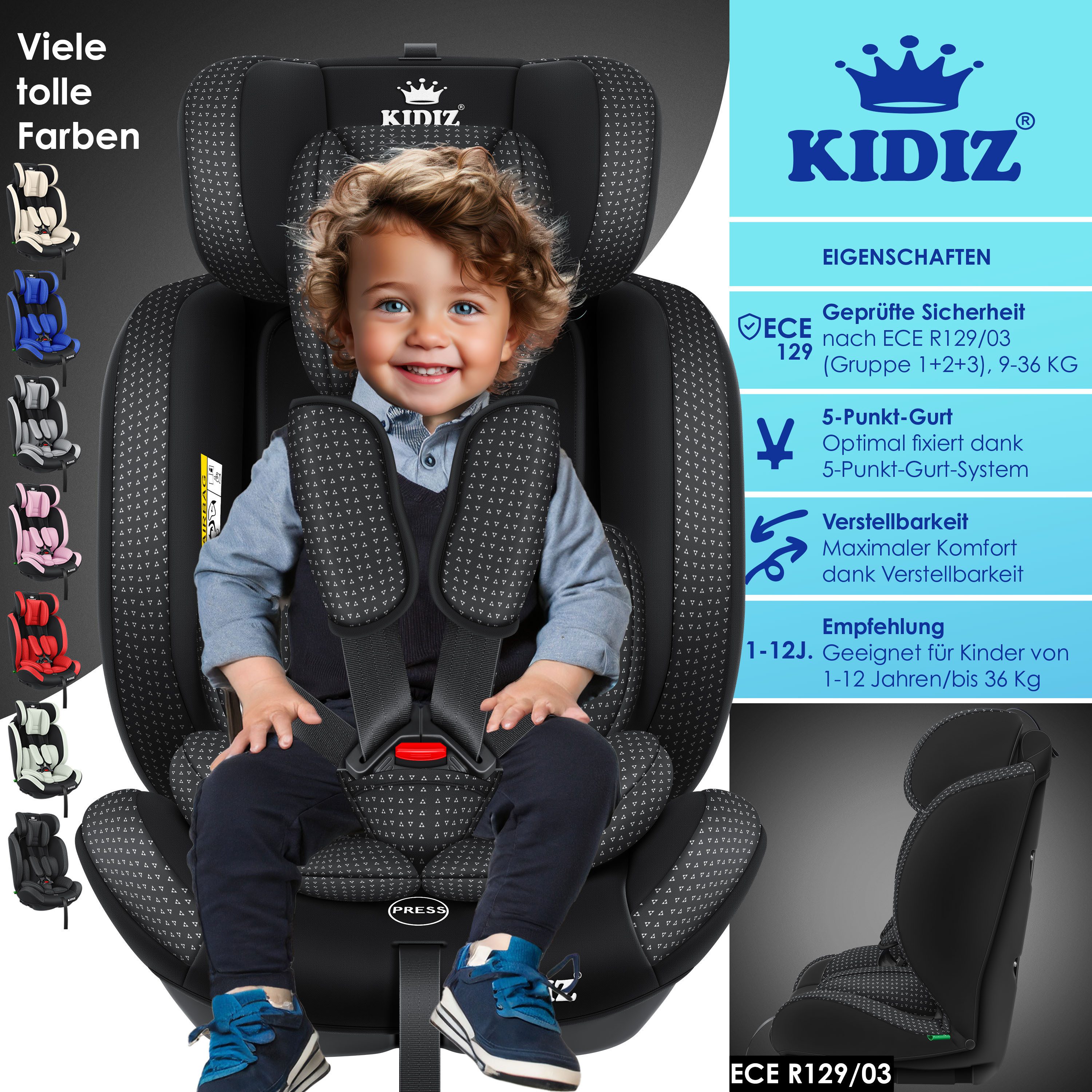 KIDIZ Autokindersitz, Kinderautositz 1-12 Jahre, Mitwachsend, Gruppe 1+2+3, 9-36 kg Autositz