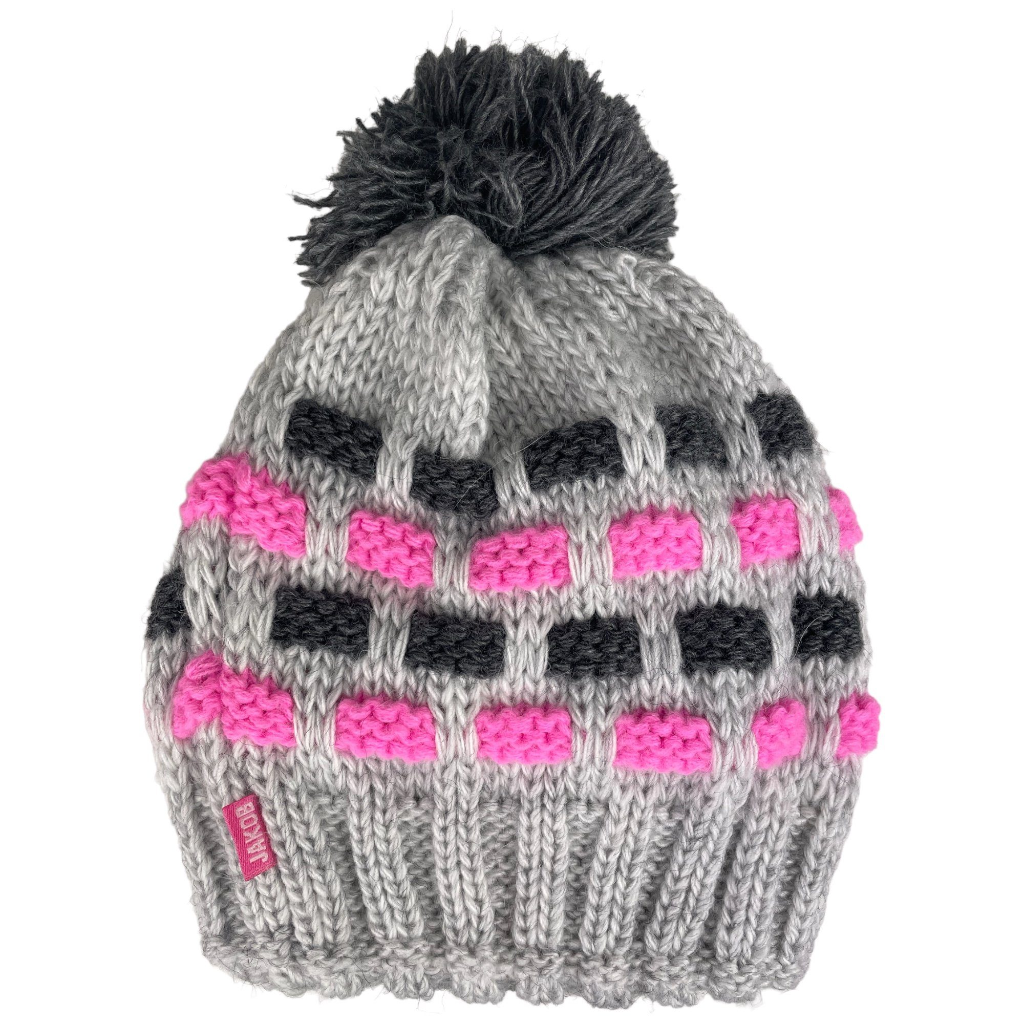 Taschen4life Bommelmütze Mütze mit Bommel für Damen Mädchen Kinder mehrfarbig, klassisch gestrickt, Beanie grau/pink
