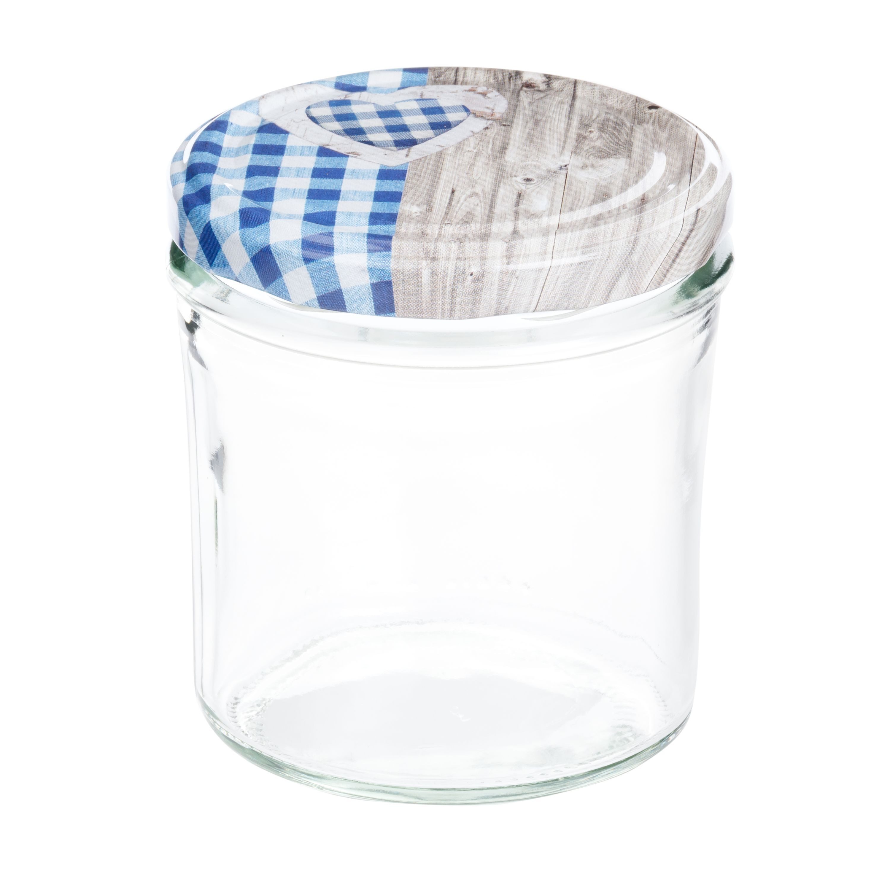 MamboCat Einmachglas 25 Sturzgläser 350 ml Deckel Herz Holz blaukariert Einmachglas, Glas – Bild 2 von 5