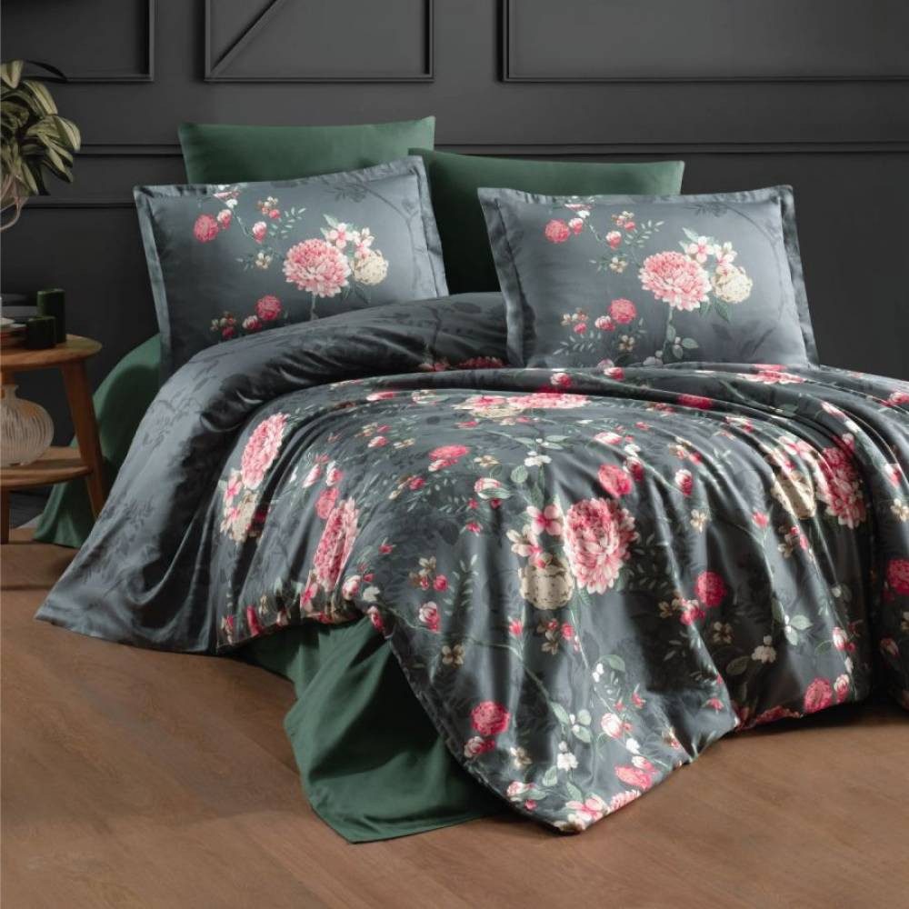yadetextil Bettwäsche Satin Bettwäsche 240x220 cm – 5-teiliges Set, Alfon, Satin, 5 teilig, in Dunkelgrün Blumenmotiven,Rosa,Rot,Beige