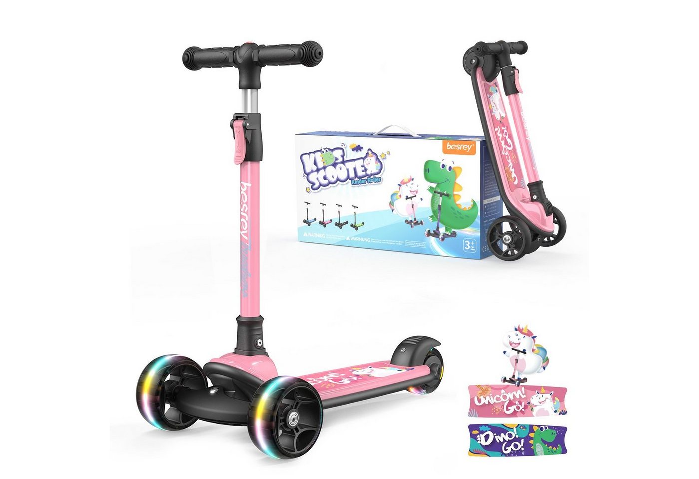 besrey Dreiradscooter Kinder Scooter Kinder Roller Kinderroller ab 3 jahre faltbar, Alle drei Räder mit LED, Kinderscooter mit ABEC-7 Kugellager