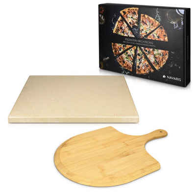 Navaris Pizzastein, Schamottstein, für Backofen Grill aus Cordierit - 38x30cm Pizza Stein für Ofen mit Pizzaschaufel - Gasgrill Holz-Kohle Herd Teller rechteckig