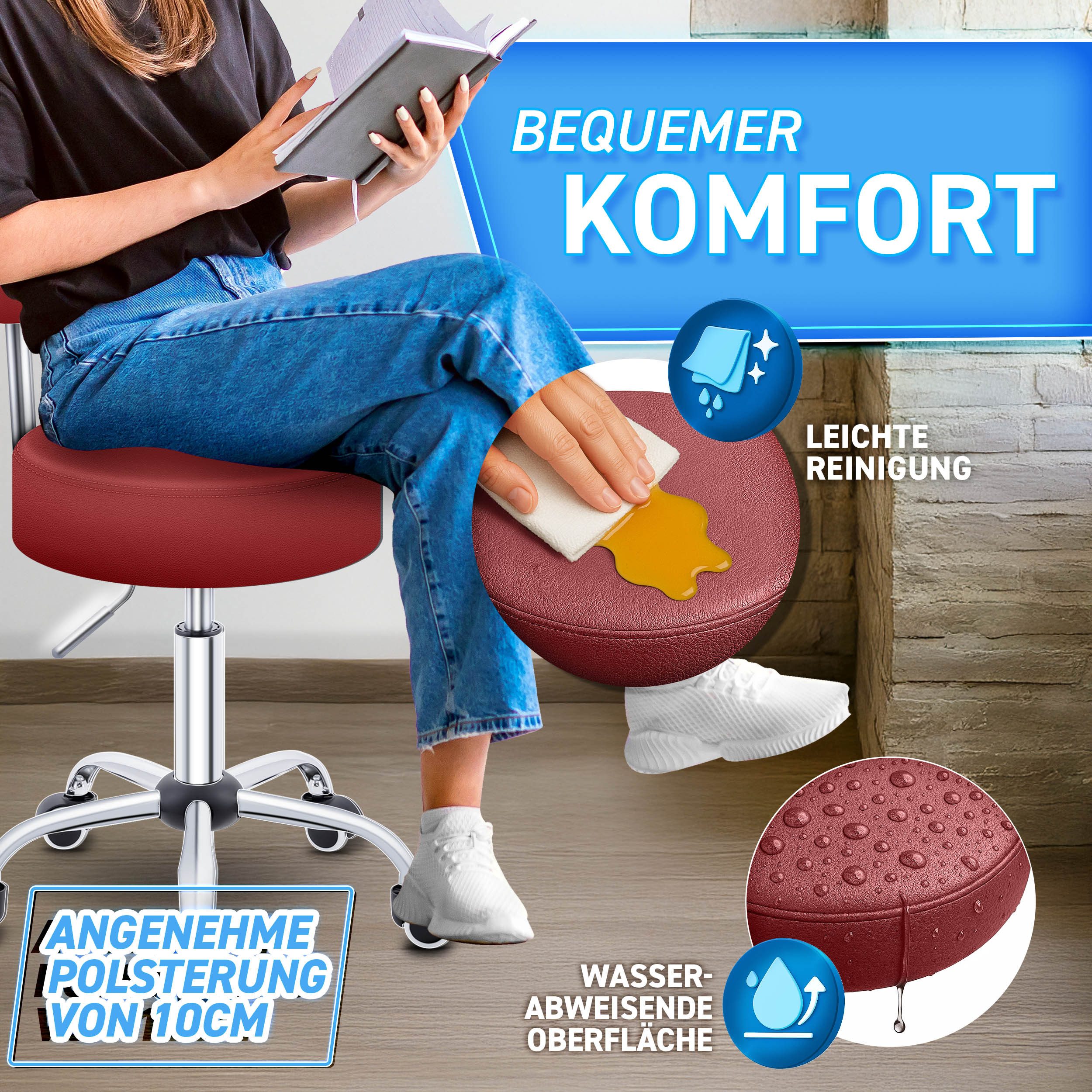 TRESKO Drehhocker Rollhocker mit Lehne, Arbeitshocker höhenverstellbar 46-58 cm, Bürostuhl mit Rollen Hocker Drehstuhl Kosmetikhocker
