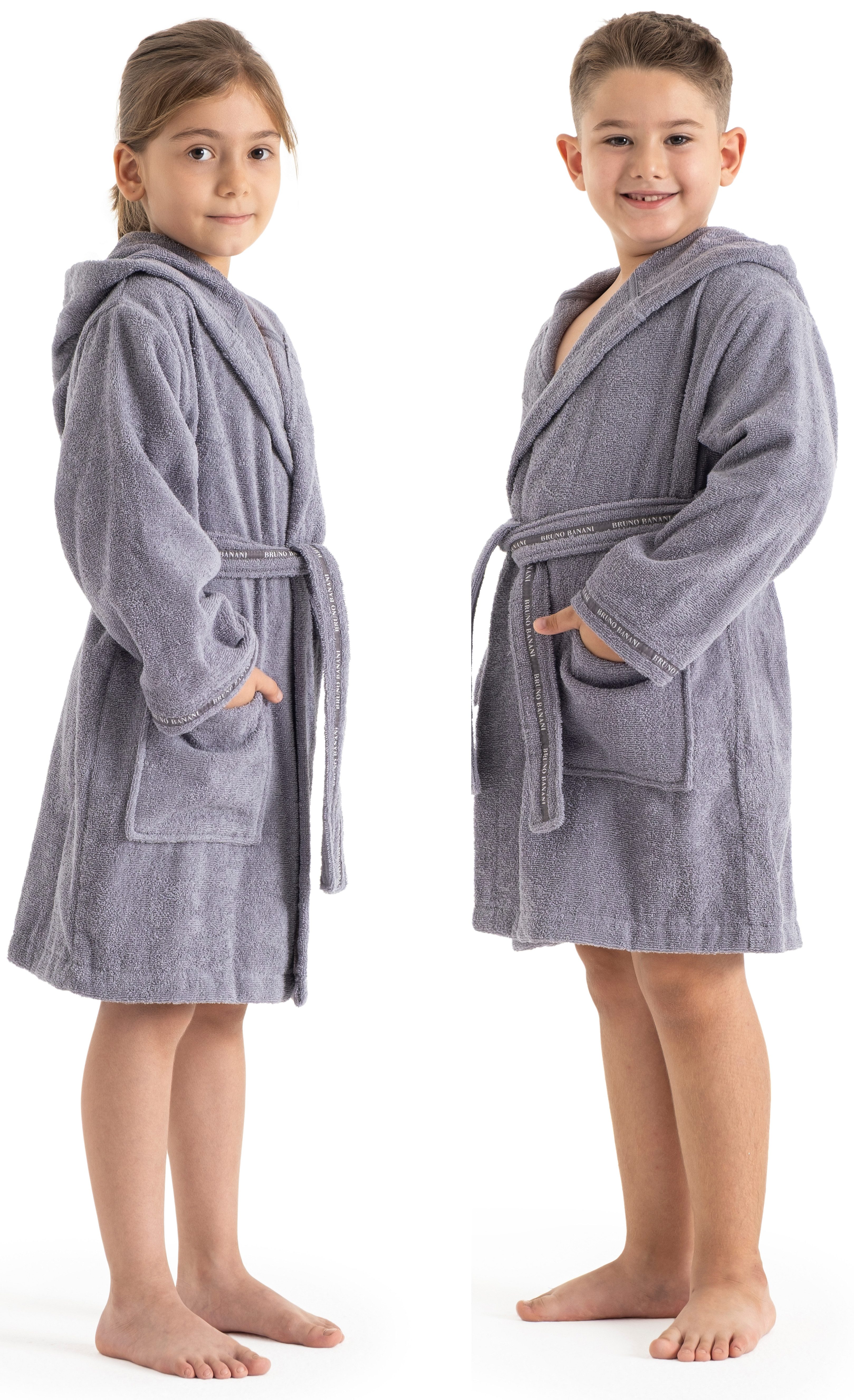 Bruno Banani Kinderbademantel Danny, Ideal für Zuhause, Schwimmbad oder im Urlaub, Langform, Walkfrottee, Kapuze, Gürtel, mit Logostreifen, aus 100% Baumwolle