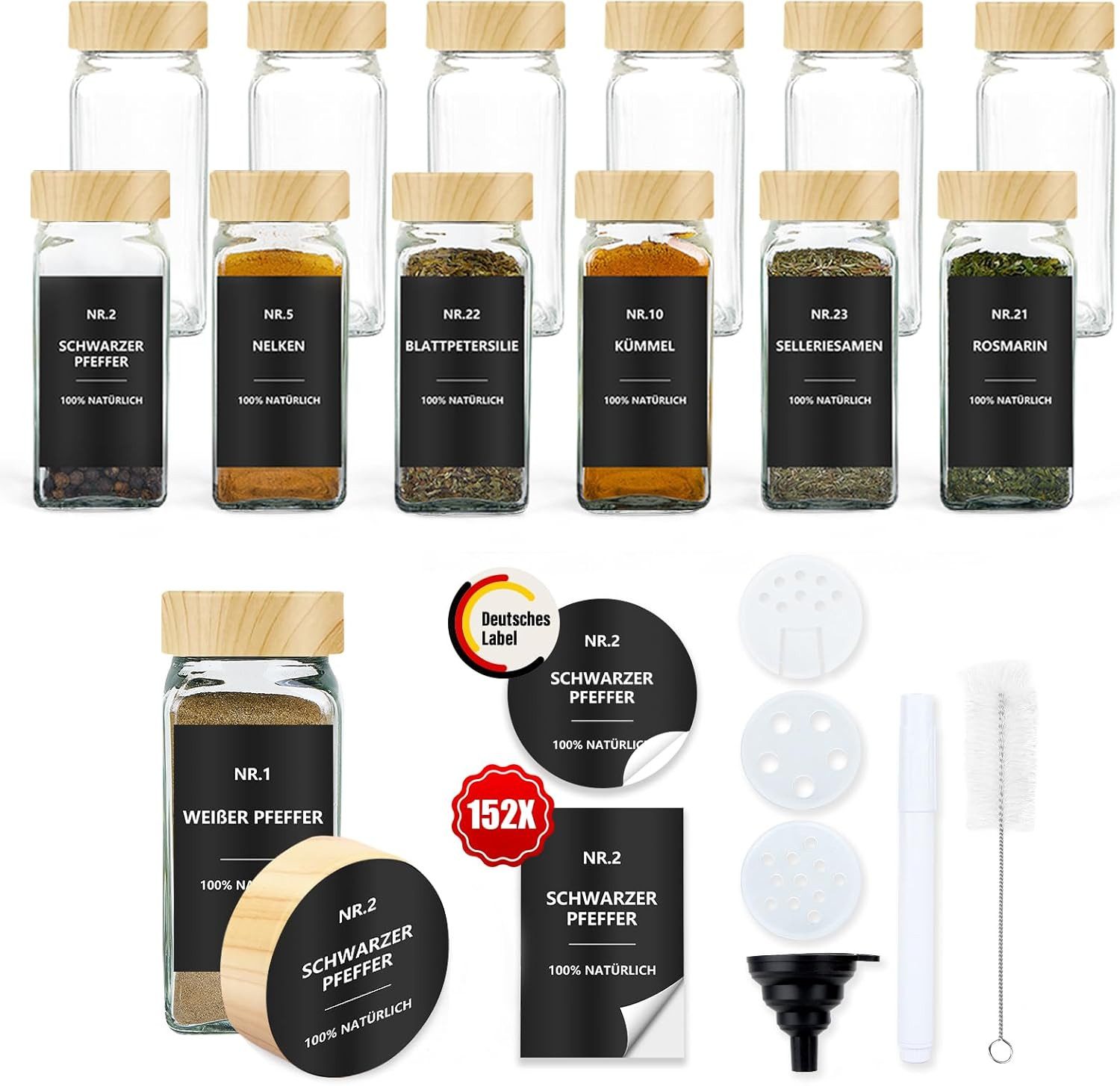 BBWL Pfefferstreuer Gewürzgläser Set eckig 120 ml mit Zubehör, 12er, 24er oder 36er Set, (12-tlg), luftdichte Gewürzdosen aus Glas mit Etiketten für Schubladen&Organizer