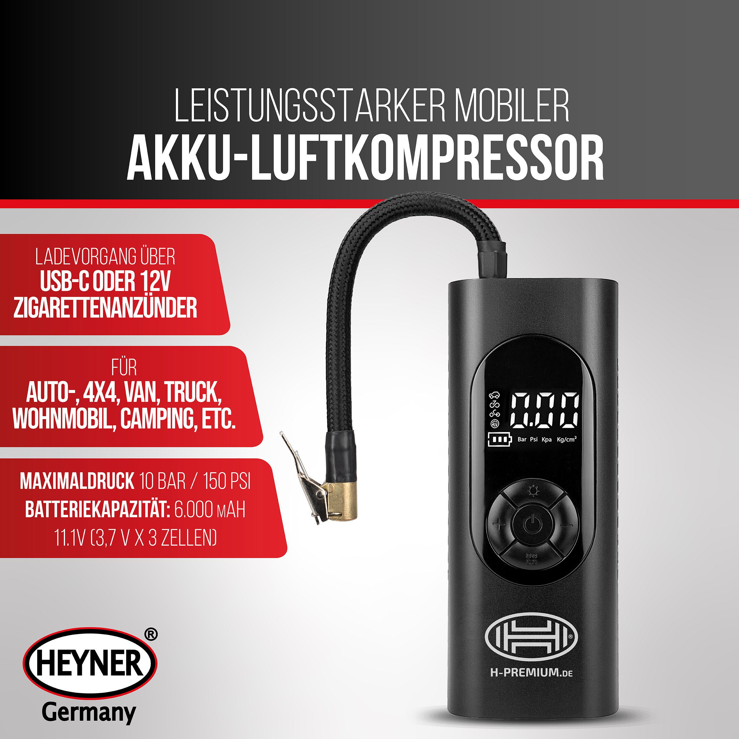 HEYNER Kompressor Luftkompressor 10 bar 6000 mAh mit Auto-Stopp LCD und Powerbank, 60 W, max. 10 bar, 1-tlg.