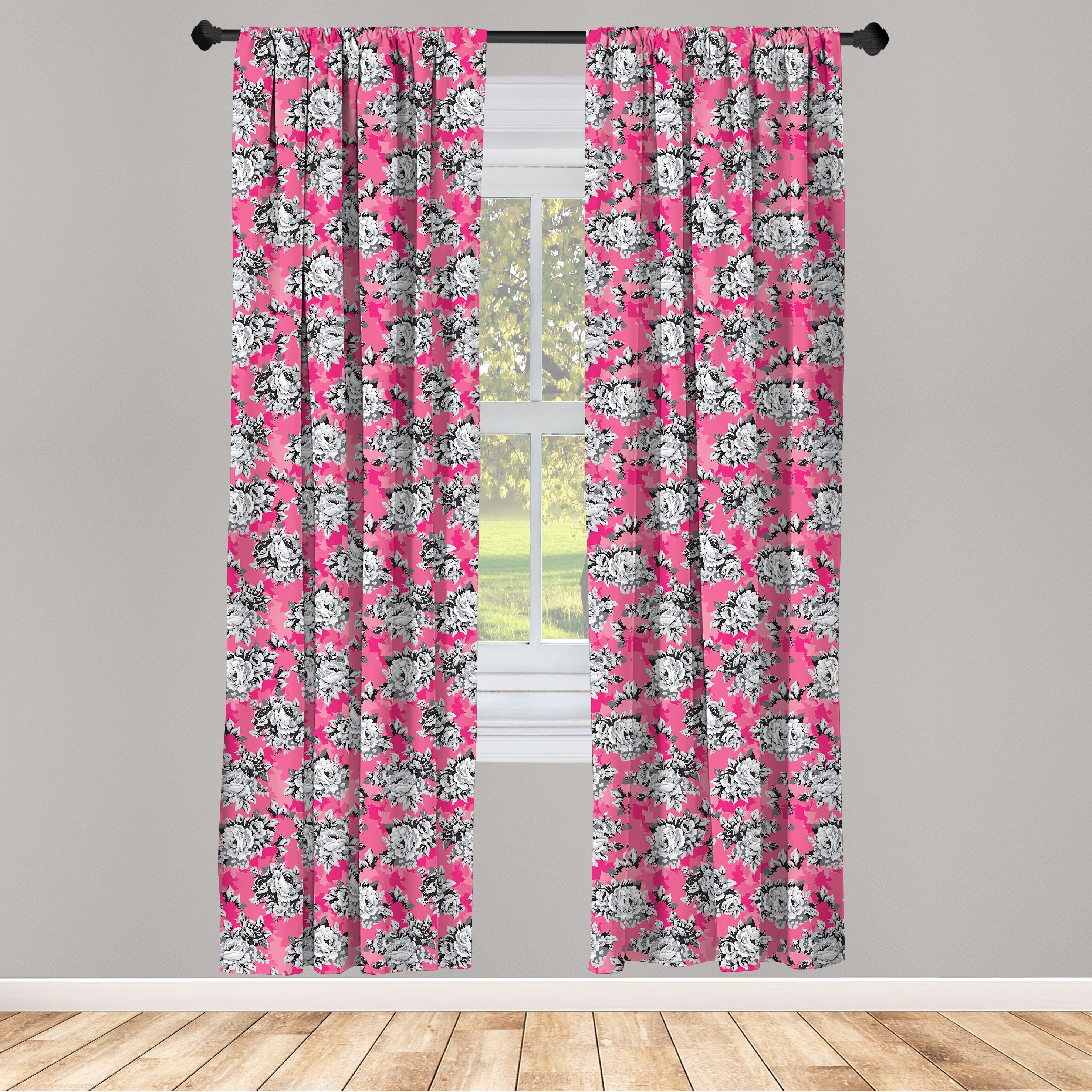 Gardine Vorhang für Wohnzimmer Schlafzimmer Dekor, Abakuhaus, Microfaser,  Pfingstrose Graustufen- Blumen Chintz Rose | Fertiggardinen