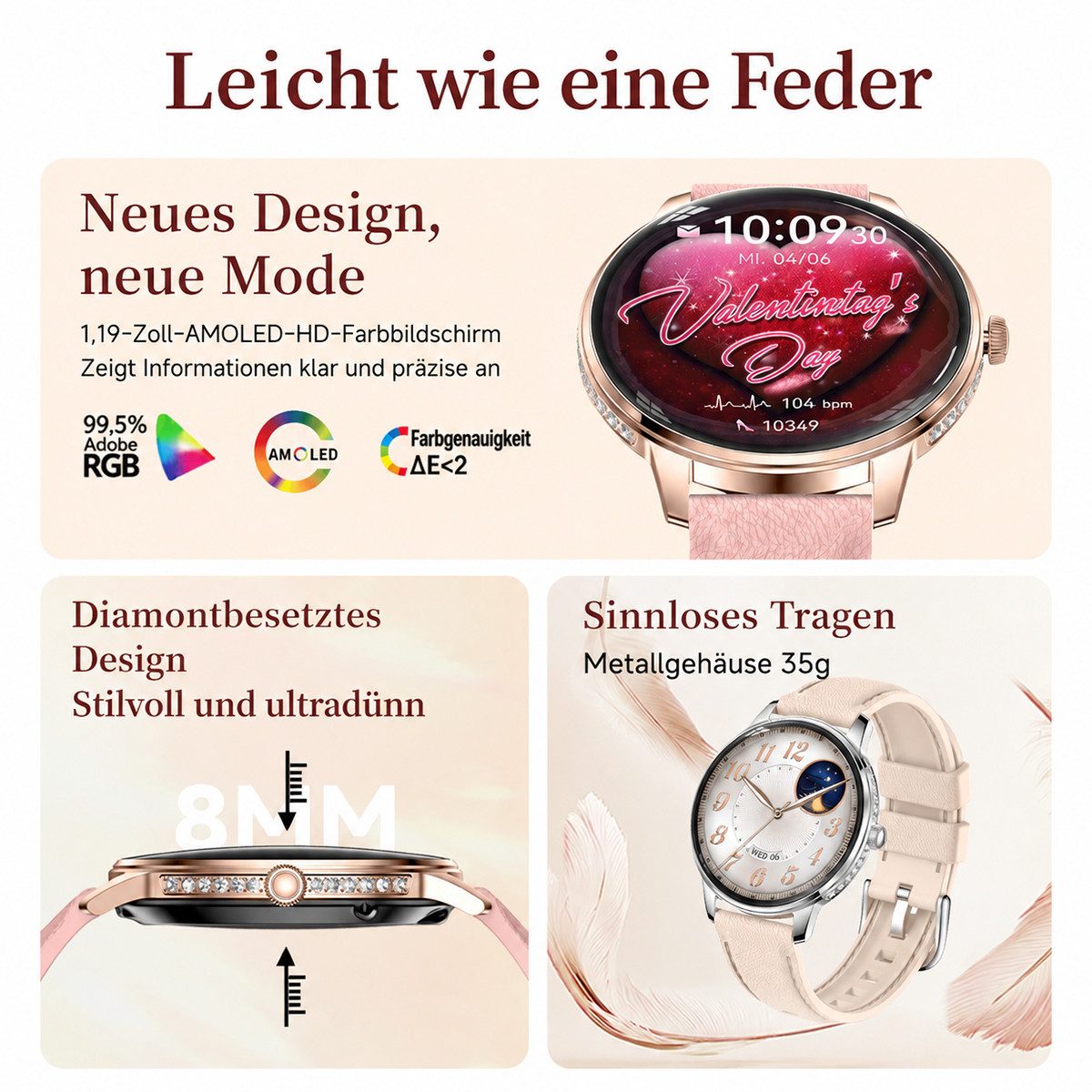 Vashoy Smartwatch Damen,1.19" mit Bluetooth-Anrufen & Sprachassistent Smartwatch (38mm cm/1.19 Zoll, Android4.4/IOS1.0) Spar-Set, 4-tlg., Schritte, Puls, Blutdruck, Stress, Schlaf, Zyklus, IP68 Wasserdicht – Fitnessuhr Kompatibel mit iOS Android