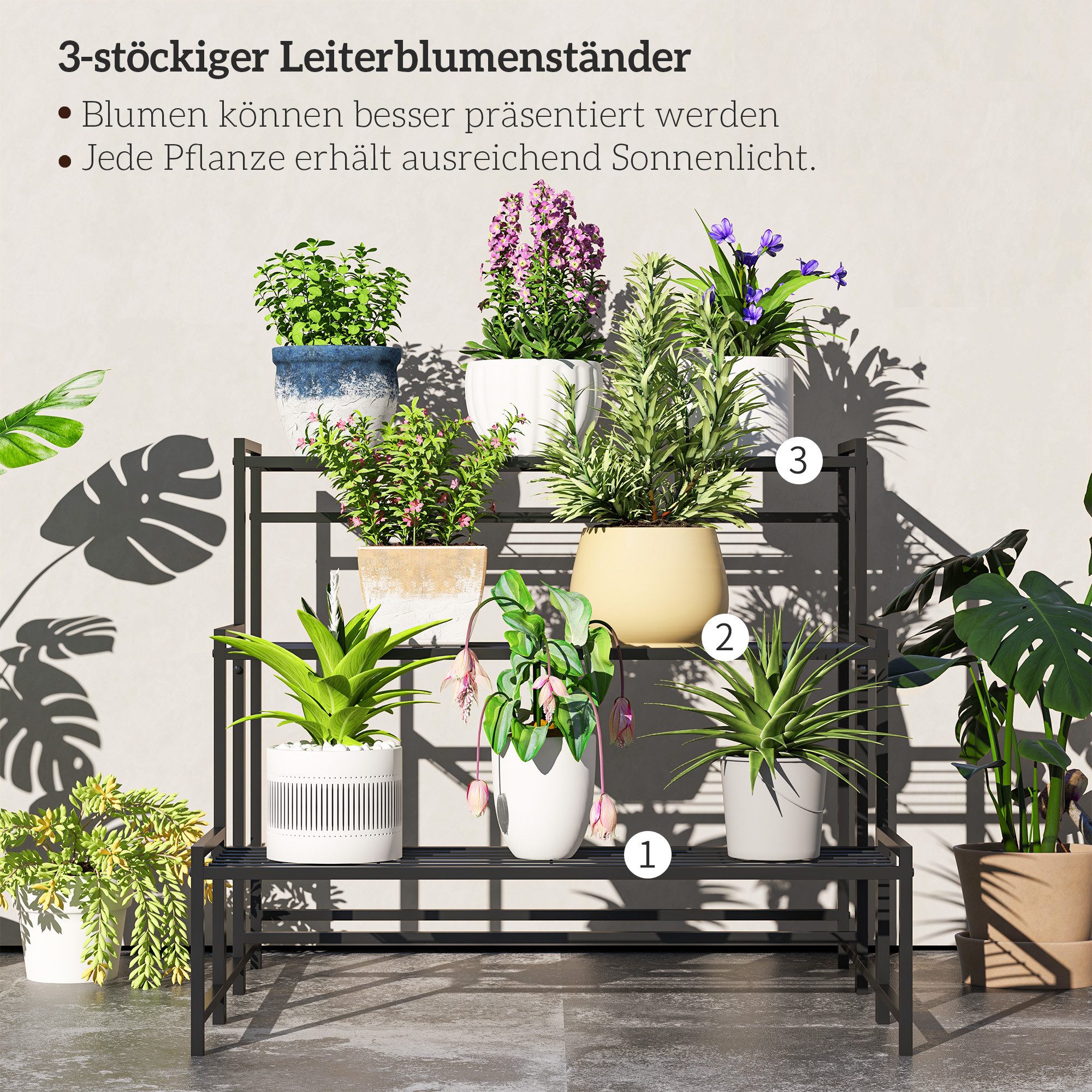 furnicato Pflanzentreppe Dreistufiger Blumenständer 75L x 70B x 66H cm Schwarz (1 St), Rostgeschütztes Pflanzenregal mit Gitterböden für den Außenbereich