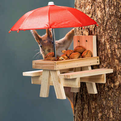 Spetebo Eichhörnchenkobel Eichhörnchen Futterstation PICKNICK mit Schirm, Futterhaus aus Holz zum Hängen