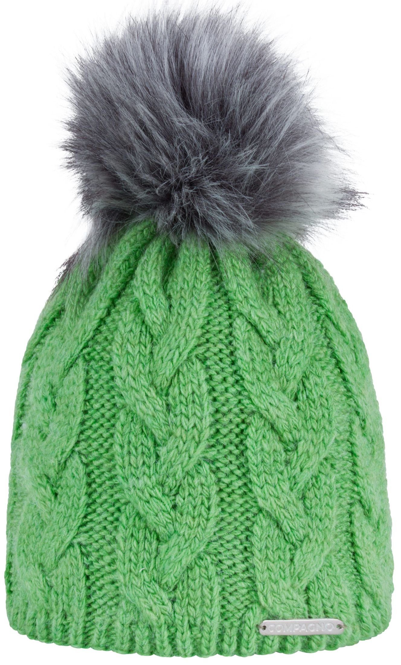 compagno Bommelmütze (1-St) Bommelmütze Wintermütze Zopf-Strickmuster Damen Fleecefutter Beanie