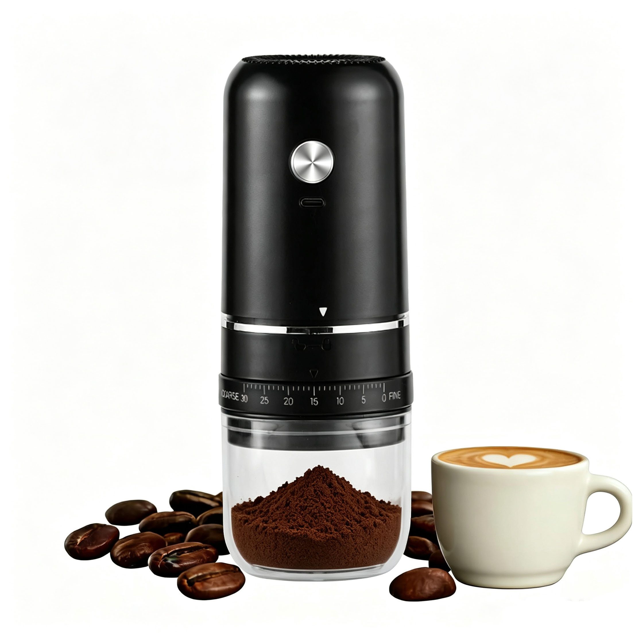 KINSI Kaffeemühle Elektrische Kaffeemühle mit Akku, 30 Mahlgrade, USB-C, Kaffeebohnen, Kegelmühle, Die Mahlstärke ist einstellbar, für Espresso bis Cold Brew