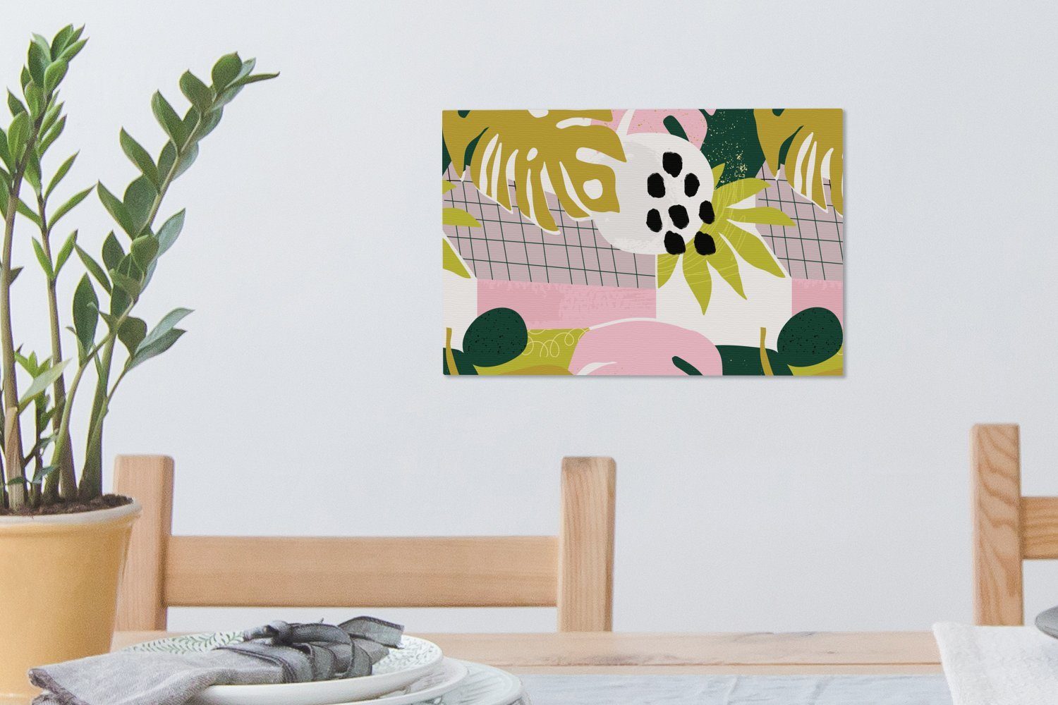 cm Gelb - Muster, - Pflanzen - (1 Rosa Leinwandbild Aufhängefertig, Wandbild 30x20 Leinwandbilder, Wanddeko, Tropische St), OneMillionCanvasses®