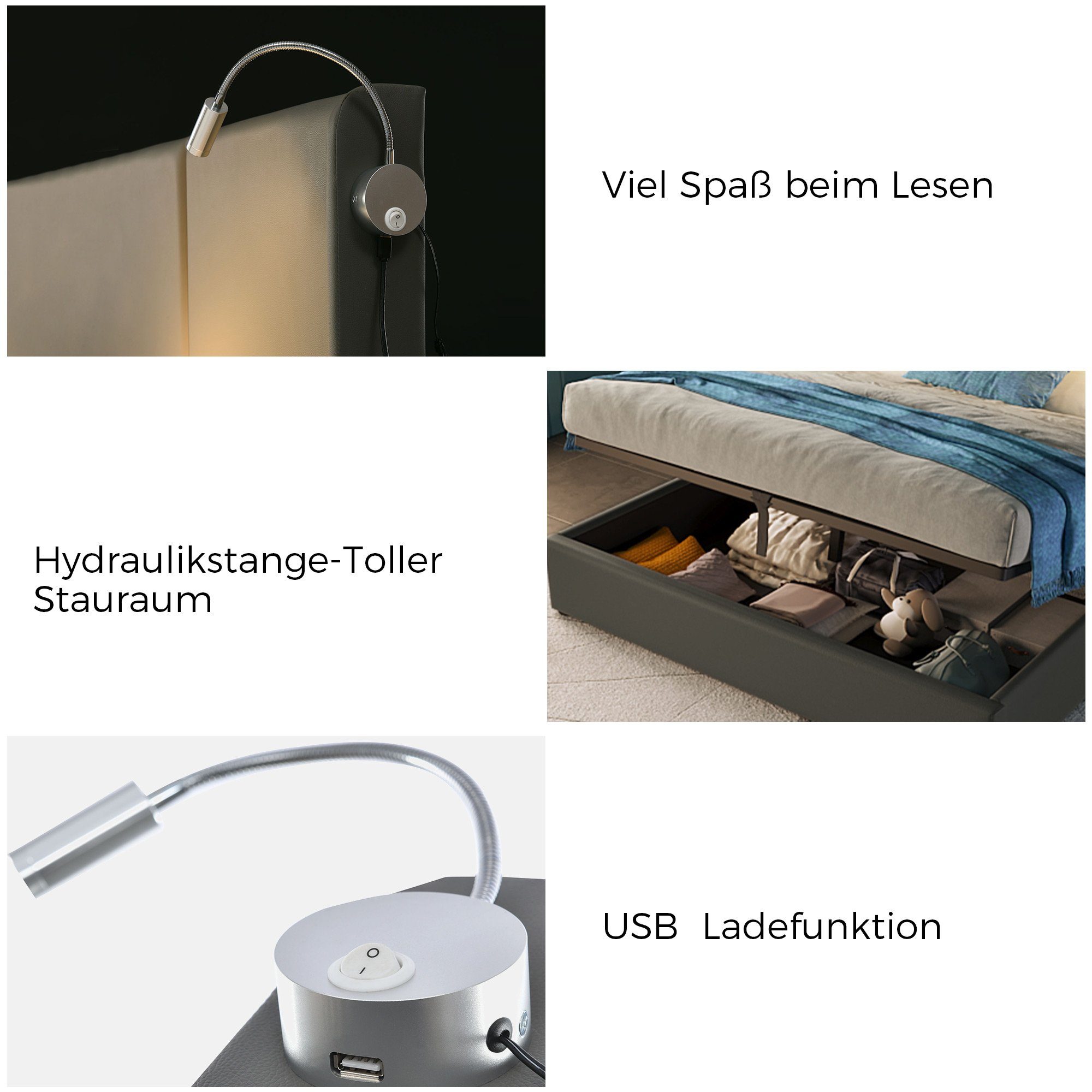 Polsterbett (Hydraulisches Stauraumbett mit Bettkasten und Lattenrost), mit Leselicht und USB Ladefunktion, Kunstleder, 140 x 200cm