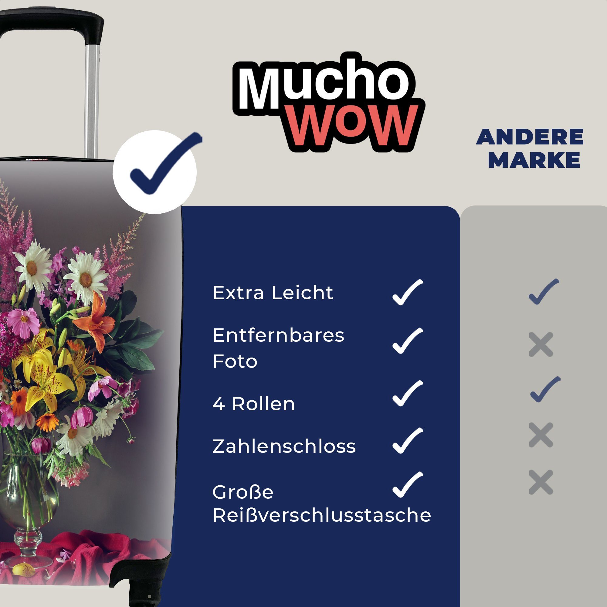 Blumen, Handgepäckkoffer 4 mit Blumenstrauß - Ferien, Rollen, Handgepäck Reisetasche rollen, MuchoWow - Reisekoffer für Stilleben Trolley,