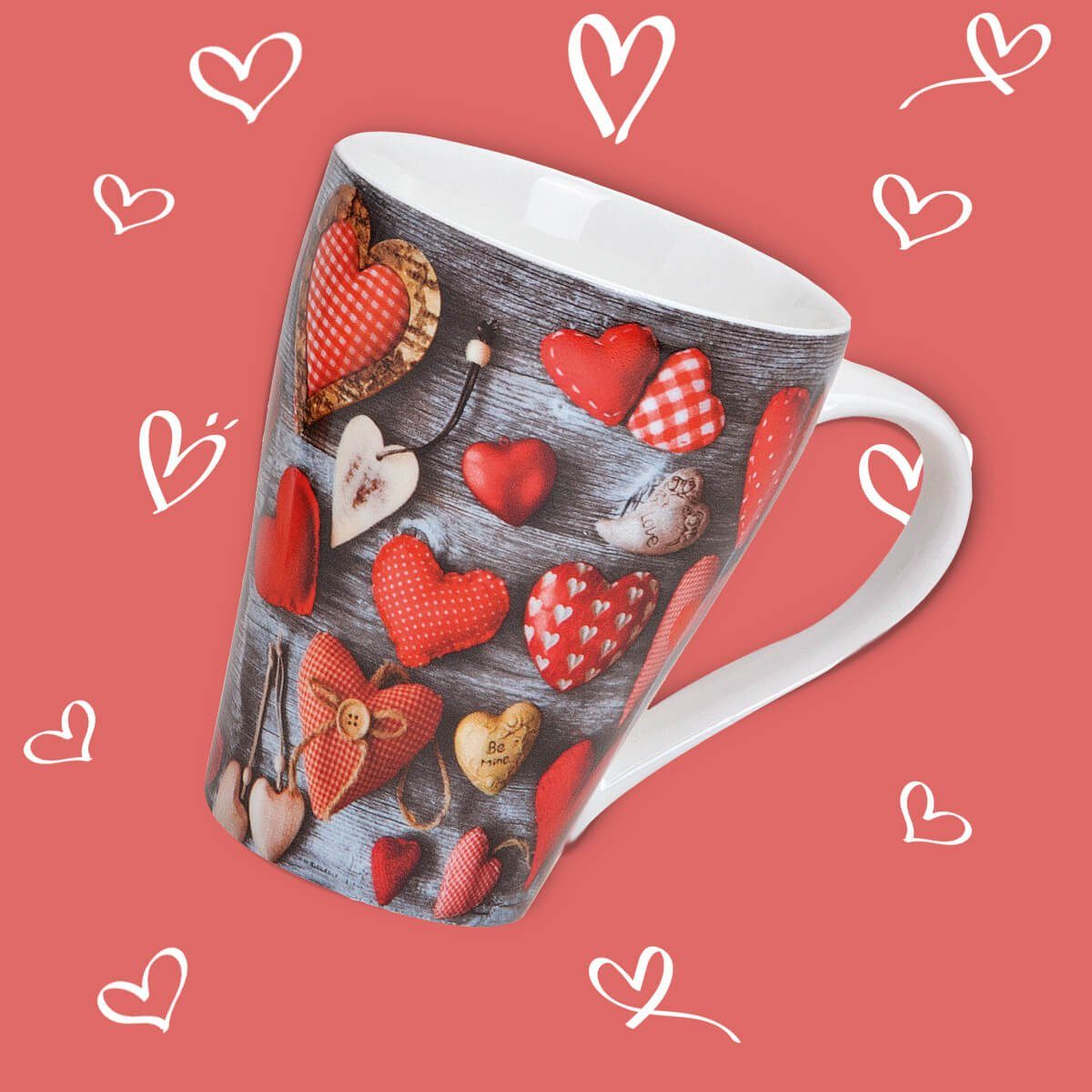 matches21 HOME & HOBBY Tasse Schöne Kaffeetassen 6er Set Holz-Optik Herzen Landhaus-Stil, 6-tlg., Porzellan, Tee Kaffee-Becher, modern, grau rot bunt, 300 ml
