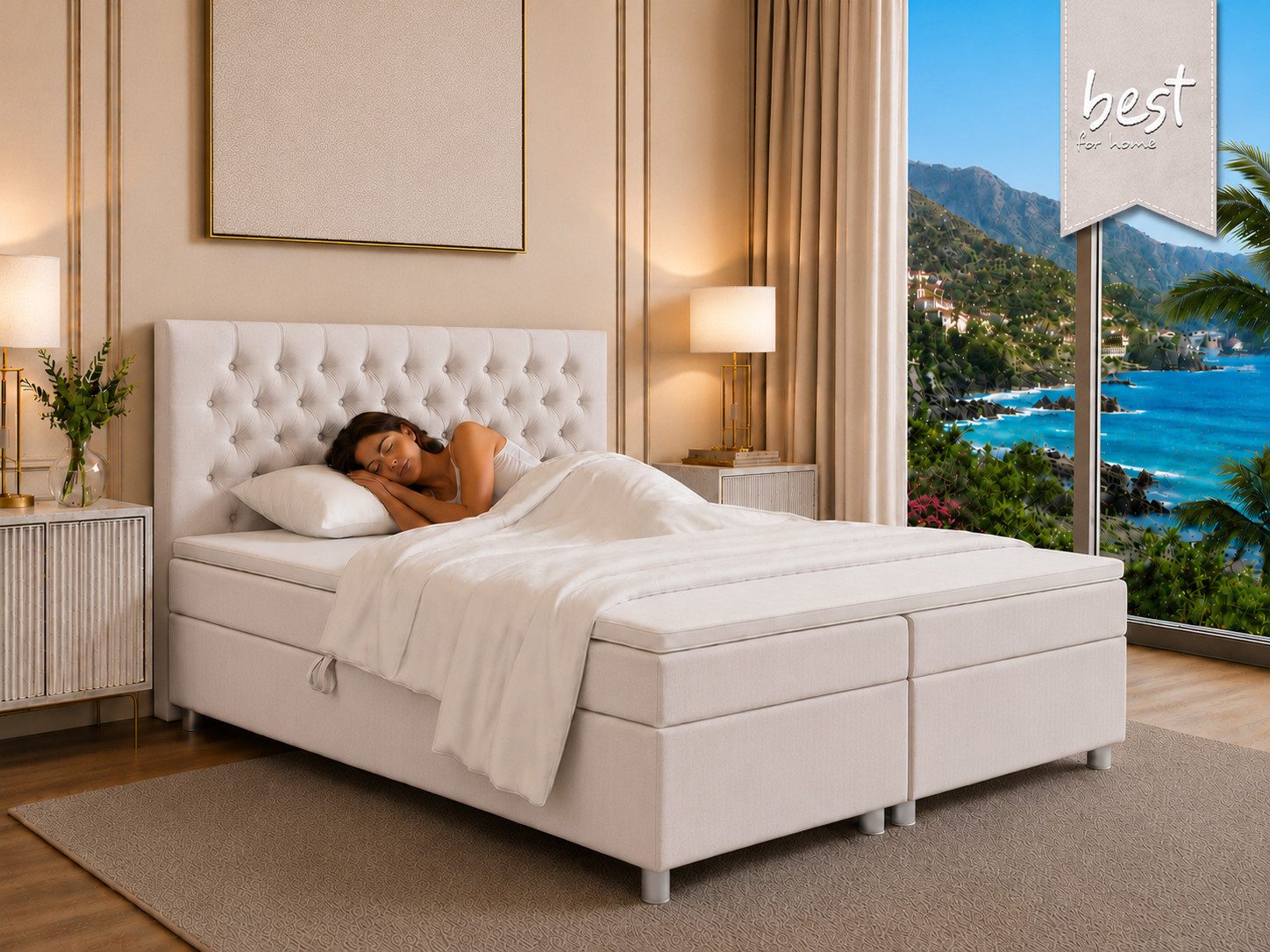 Best for Home Boxspringbett Trinity K-14 mit 7-Zonen-Matratze und Stauraum (Boxspringbett-Set, 1-St., Boxspringbett-Set inklusive Matratze, Topper und Bettkästen), 7-Zonen-Matratze, PUR-Schaum-Topper, gepolstertes Kopfteil