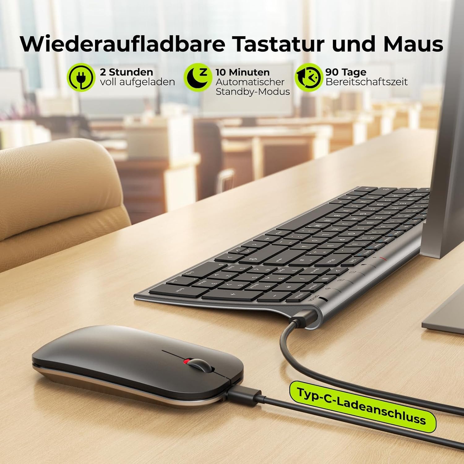 Seenda WGJP-031B Tastatur Maus Set Kabellos Wiederaufladbare Tastatur- und Maus-Set, (2 St., Leise Tastatur mit Aluminiumgehäuse), Kleine Funktastatur mit Maus