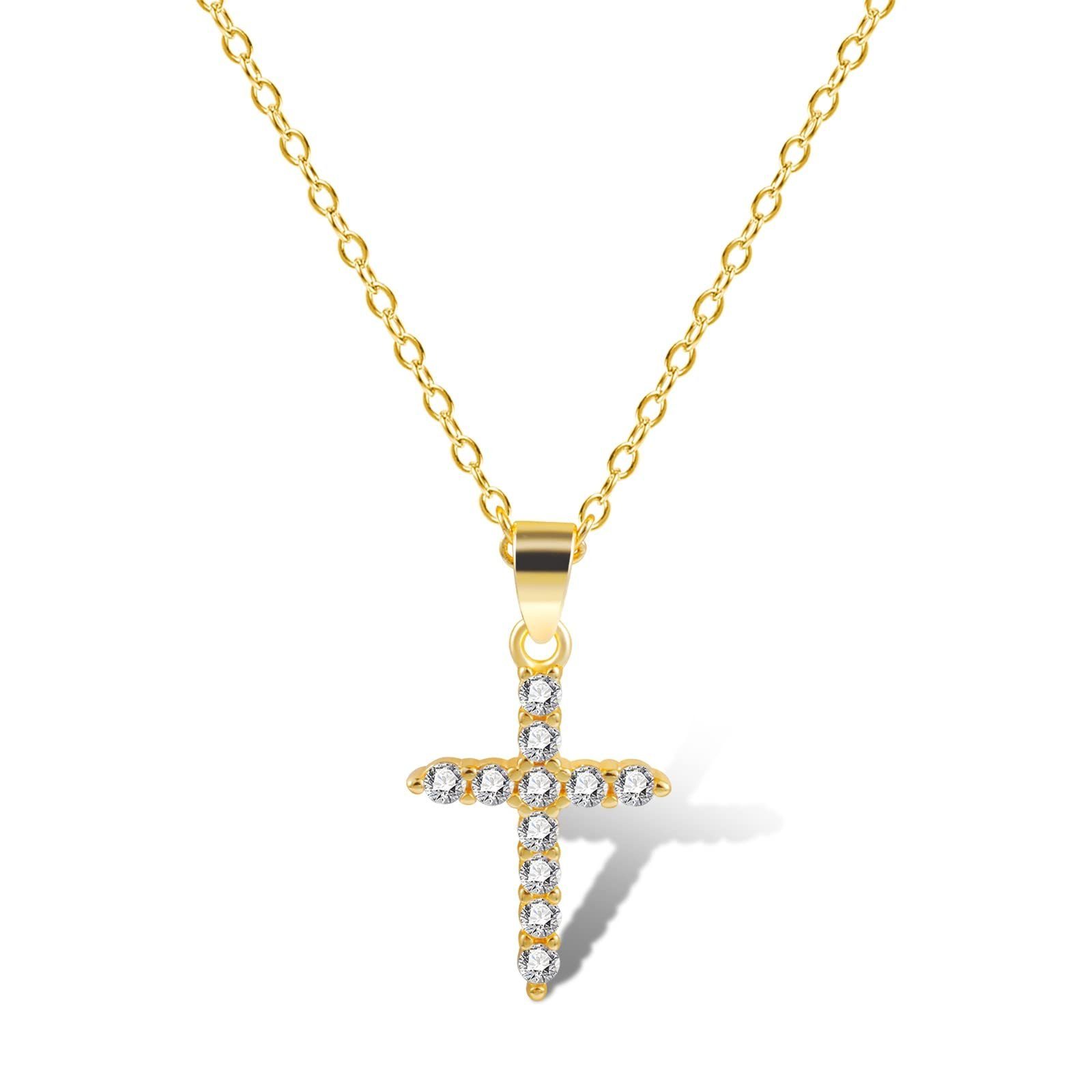 POCHUMIDUU Lange Kette Kreuzkette für Frauen Girls, Zirkoniakette mit Kreuz Gold