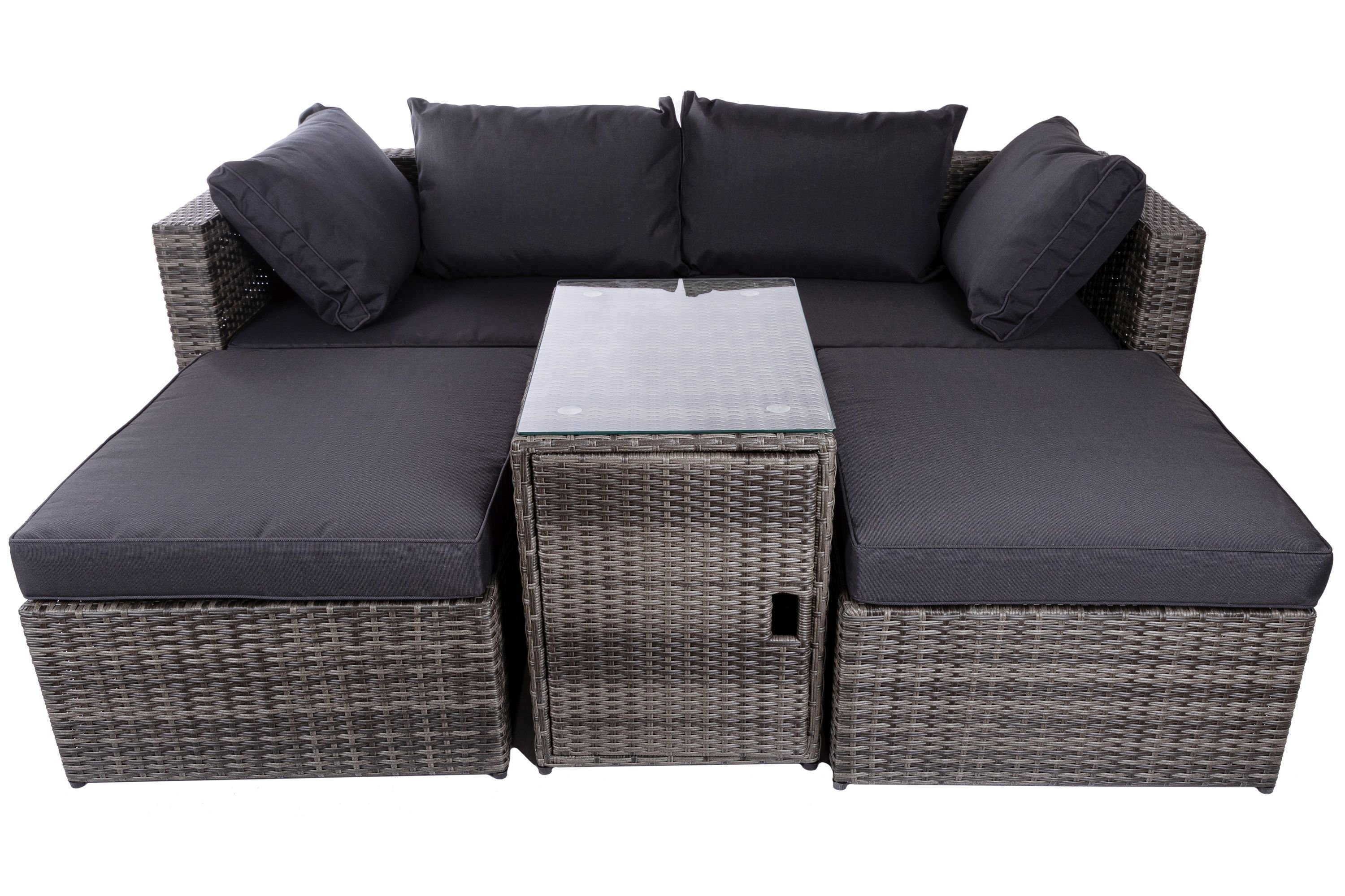 Wohnando Garten-Essgruppe Gartenlounge "Ruby", Gartensofa, Flexibel mit Tisch, (2-tlg), 2-4 Sitzer, verstecktes Staufach, grau Rattan