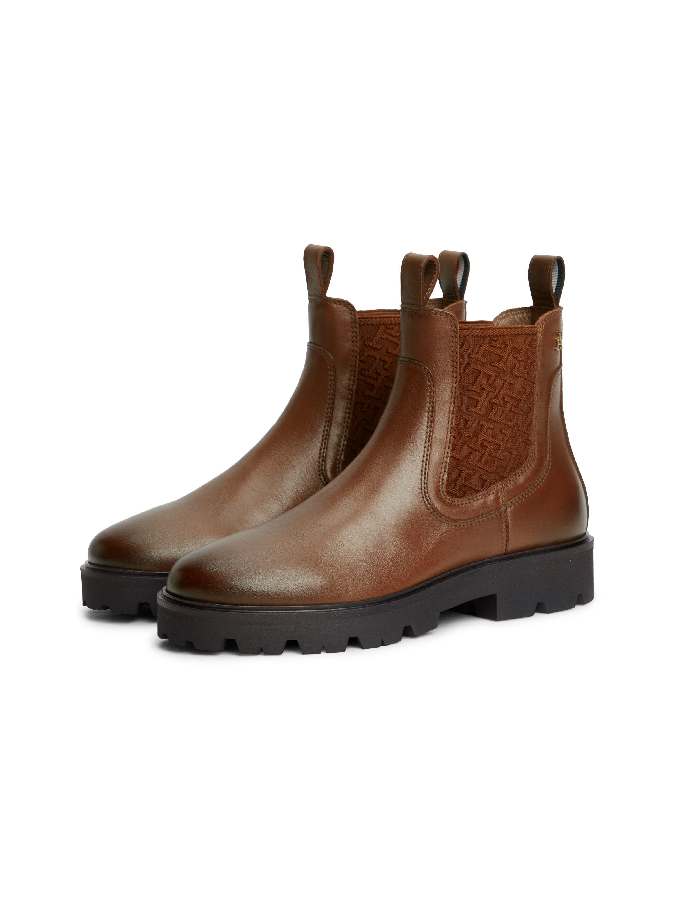 Tommy Hilfiger TH MONOGRAM LEATHER CHELSEA BOOT Chelseaboots Blockabsatz, Schlupfboots, mit beidseitigem Stretcheinsatz