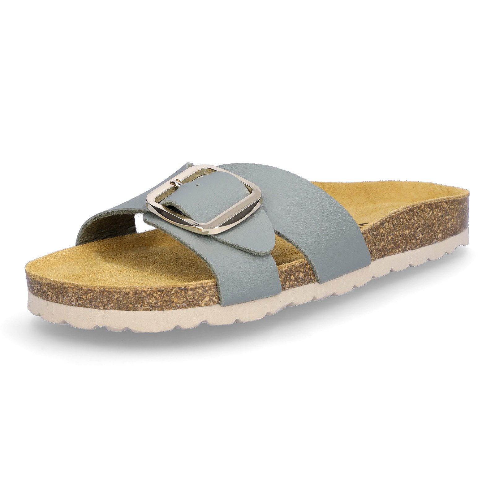 MIDS MAYLA Damen Pantolette olivgrün, Einriemer mit Lederfußbett, Korksohle und großer Schnalle