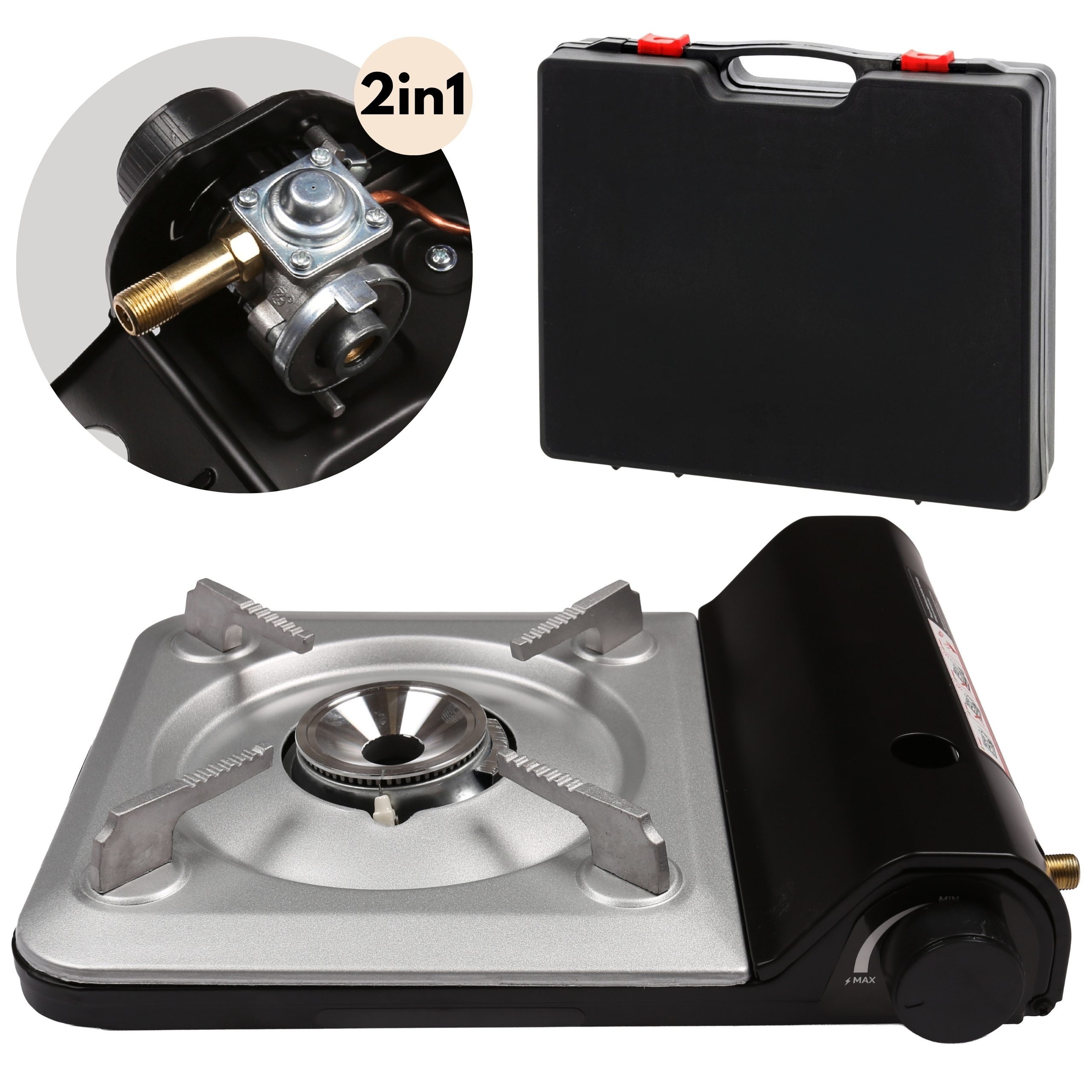 Sarcia.eu Taschenkocher 2in1 Gaskocher für Kartuschen und Gasflaschen, 3,5 kW mit Koffer
