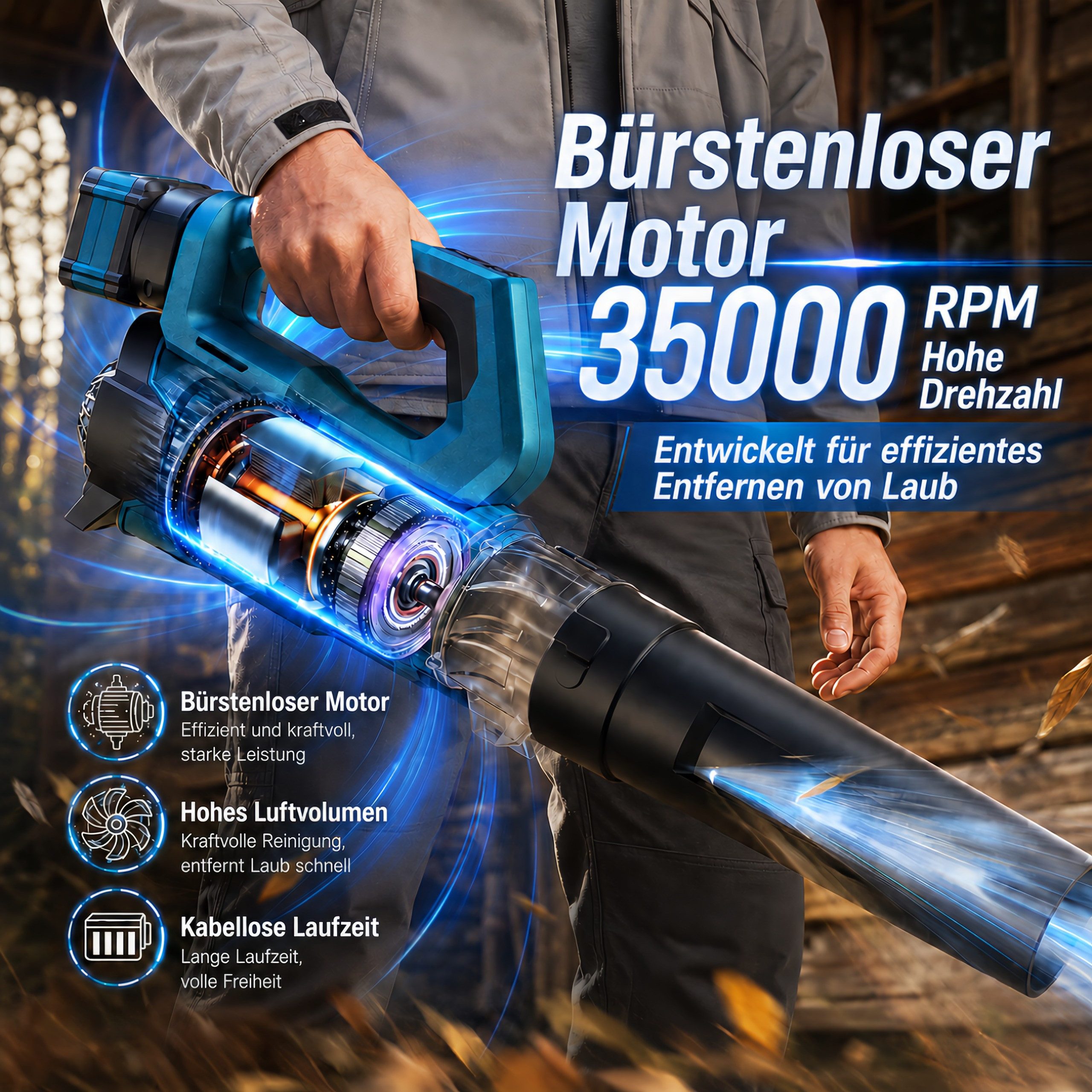 Rinoxar Akku-Laubbläser Akku Laubbläser 850W Brushless 180km/h 800m³/h mit 2 Akkus, 6 Leistungsstufen, Turbo-Modus, leichtes Design