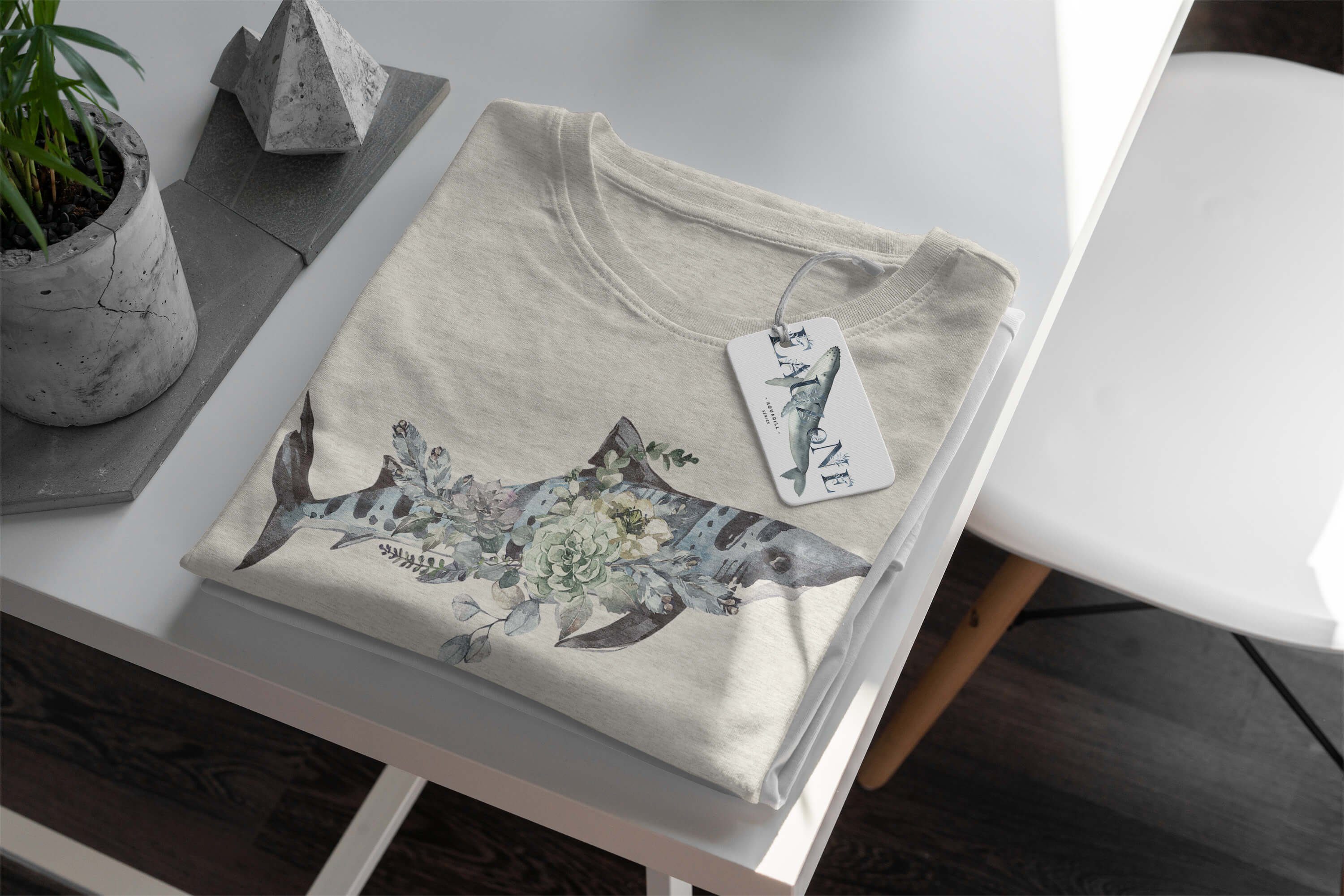 T-Shirt Wasserfarben Art Blumen 100% Herren gekämmte Motiv T-Shirt Nachhaltig Bio-Baumwolle (1-tlg) Shirt Ökom Tigerhai Sinus