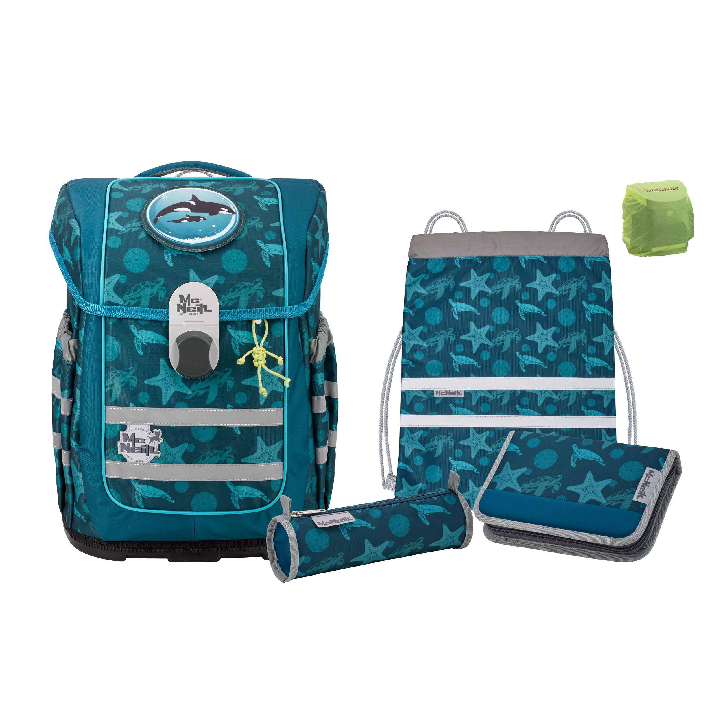 McNeill Schulranzen McOcean SEALIFE Schultasche 1. bis 4. Klasse (Set, 6-tlg., inkl. Federmäppchen gefüllt und Regen-/Sicherheitshülle), Schultasche 1. Klasse für Jungen und Mädchen, Meeres-Tiere Wal