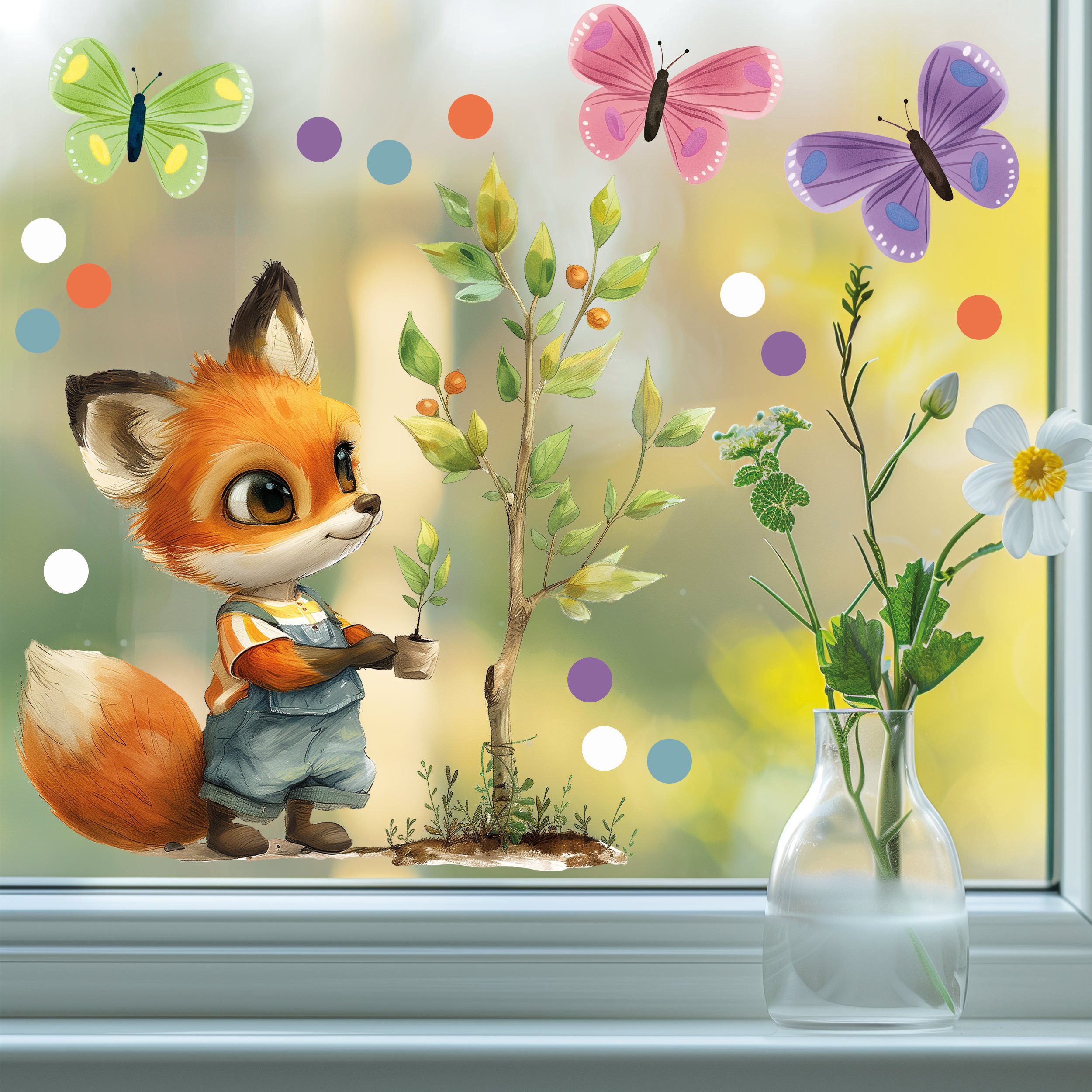 Sunnywall Fensterdekoration wiederverwendbares Fensterbild Fuchs Gärtner günstig online kaufen