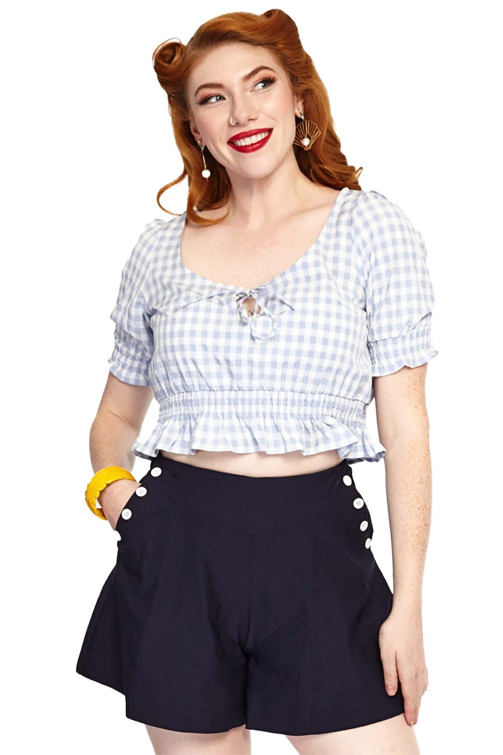 Voodoo Vixen Crop-Top Sadie Blue Gingham Oberteil Bluse Retro Vintage 50s 50er