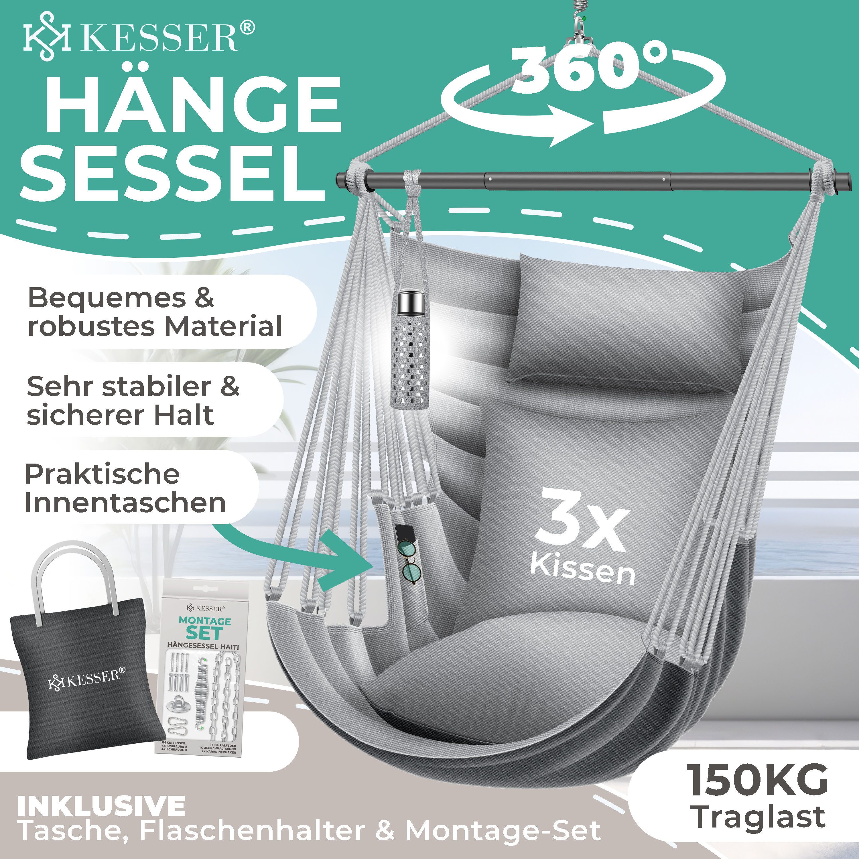 KESSER Hängesessel Haiti 150kg Traglast, Indoor & Outdoor Hängestuhl (Hängeschaukel mit 2 Kissen, Tragetasche, Flaschenhalter & Montage-Set), 360° Hängematte Pflegeleicht, UV-beständig & Wasserfest