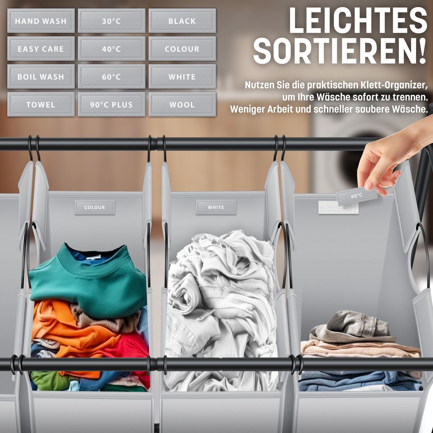 KESSER Wäschekorb, Wäschesammler Wäschesortierer mit abnehmbaren Stofftaschen