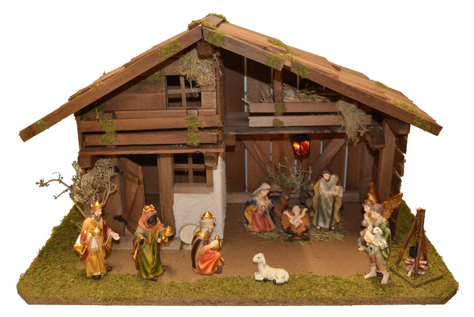 Alfred Kolbe Krippe Krippenstall ohne Trafo, mit Busch, Laterne, Lagerfeuer, 11 cm Figuren 11tlg.